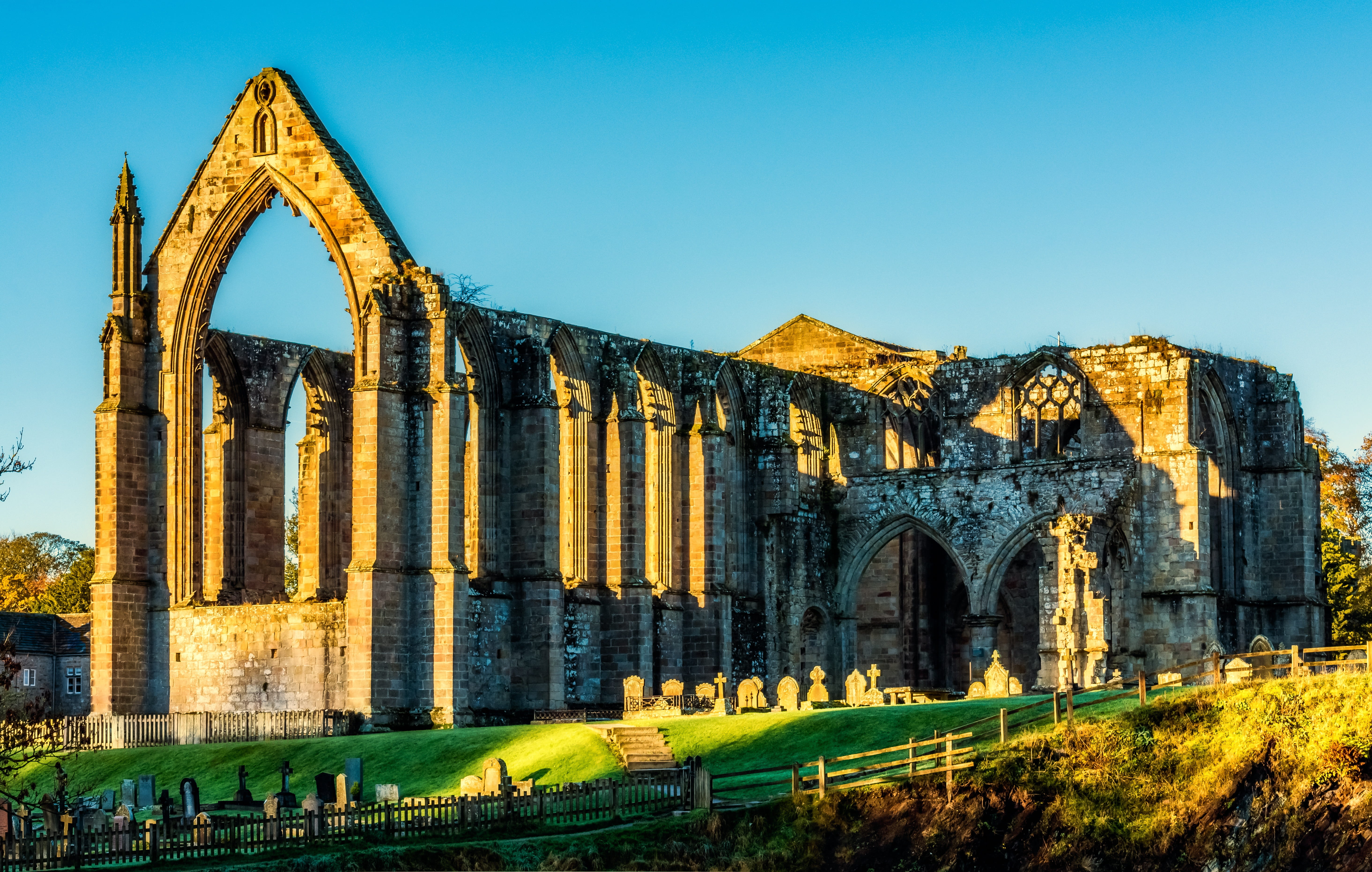 city, grass, wharfedale, plant, building, concrete, religious, yorkshire, monastery, sunlight, old, morning light, ancient, built structure, bolton abbey, HD Wallpaper