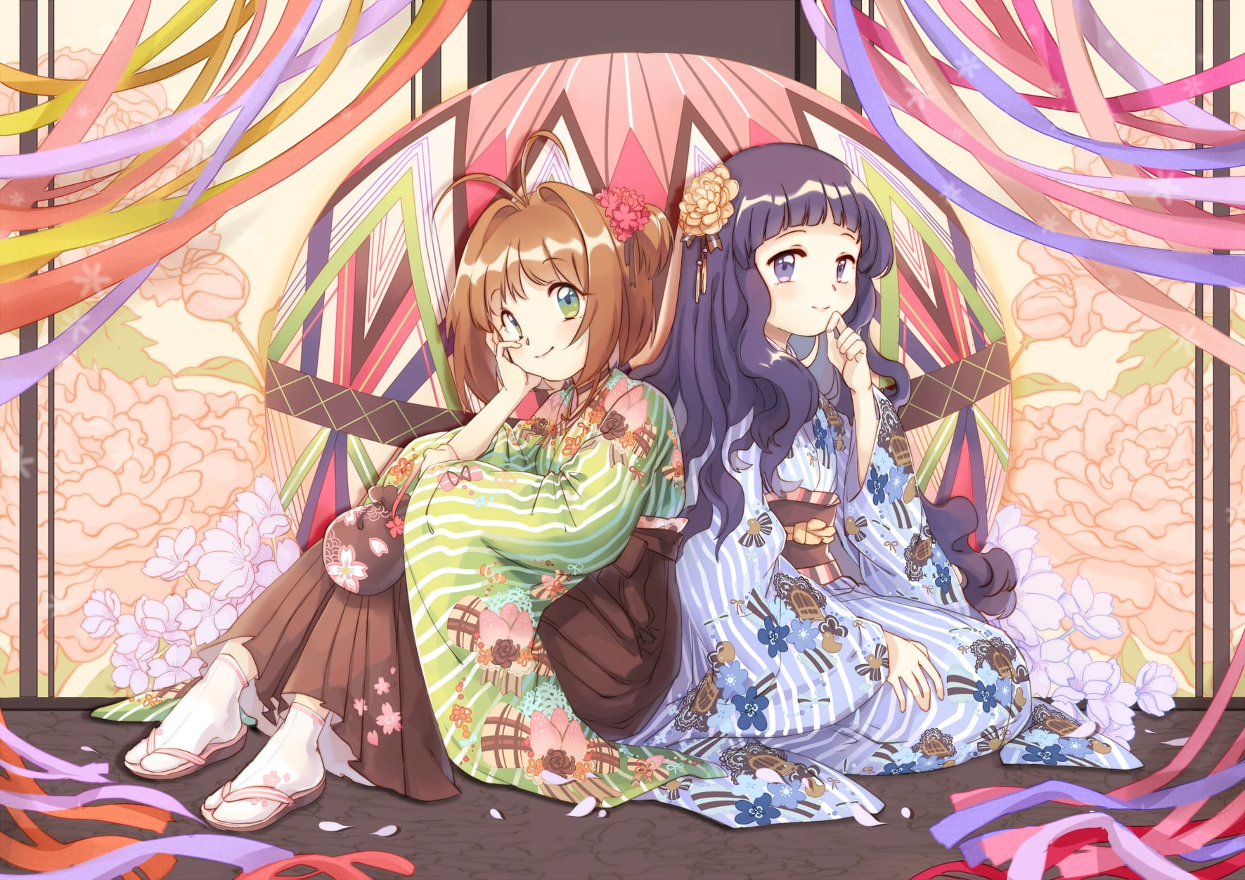 clothes, sakura, petals, card, 720P, hair, kinomoto, captor, short, japanese, 2girls, konachan, green, flowers, brown, 250409, daidouji, long, tomoyo, HD Wallpaper