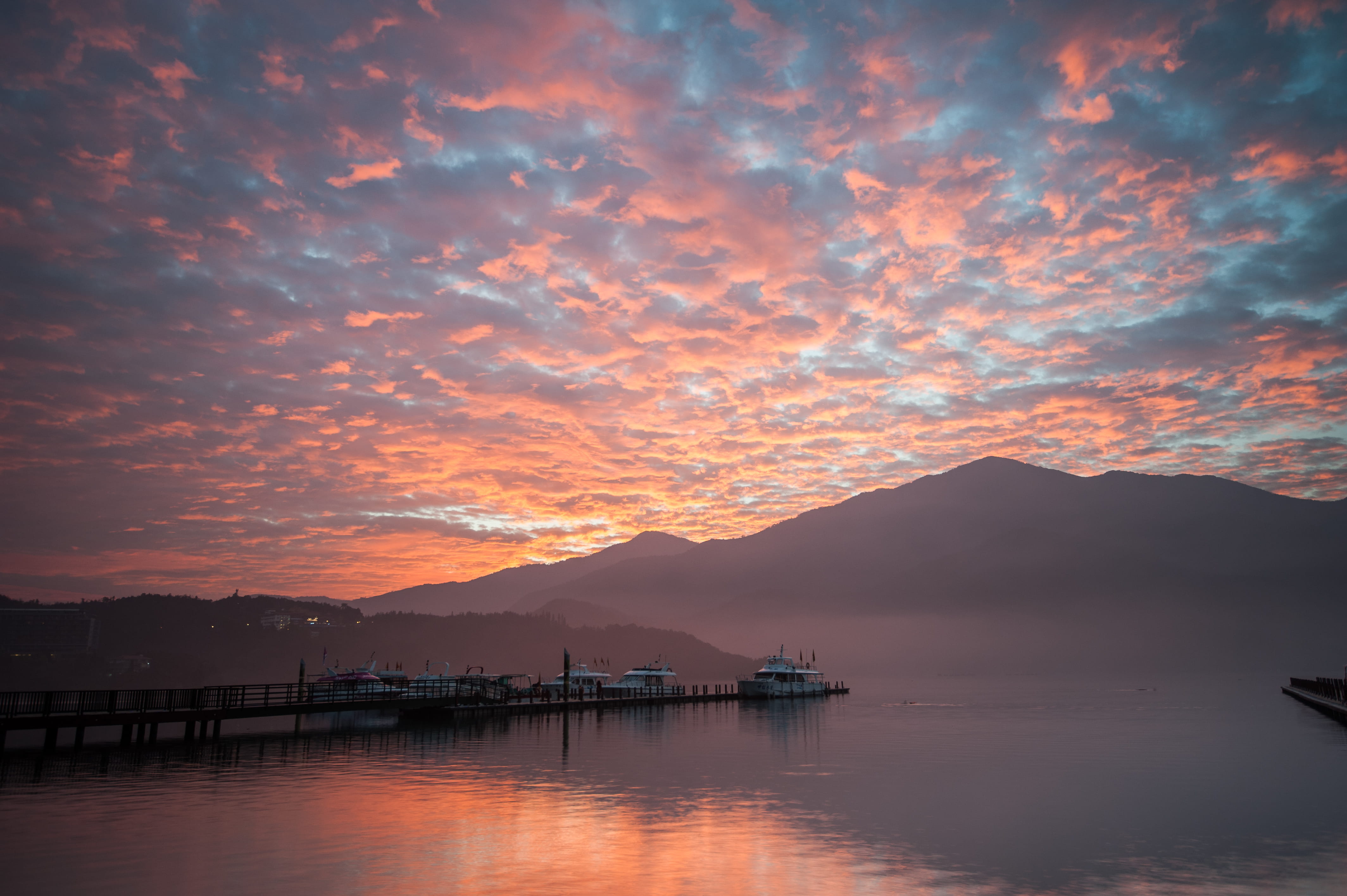 mountain, tranquility, orange color, taiwan, mountain range, beauty in nature, bay, sky, cloud - sky, water, sea, transportation, waterfront, nature, sunset, HD Wallpaper