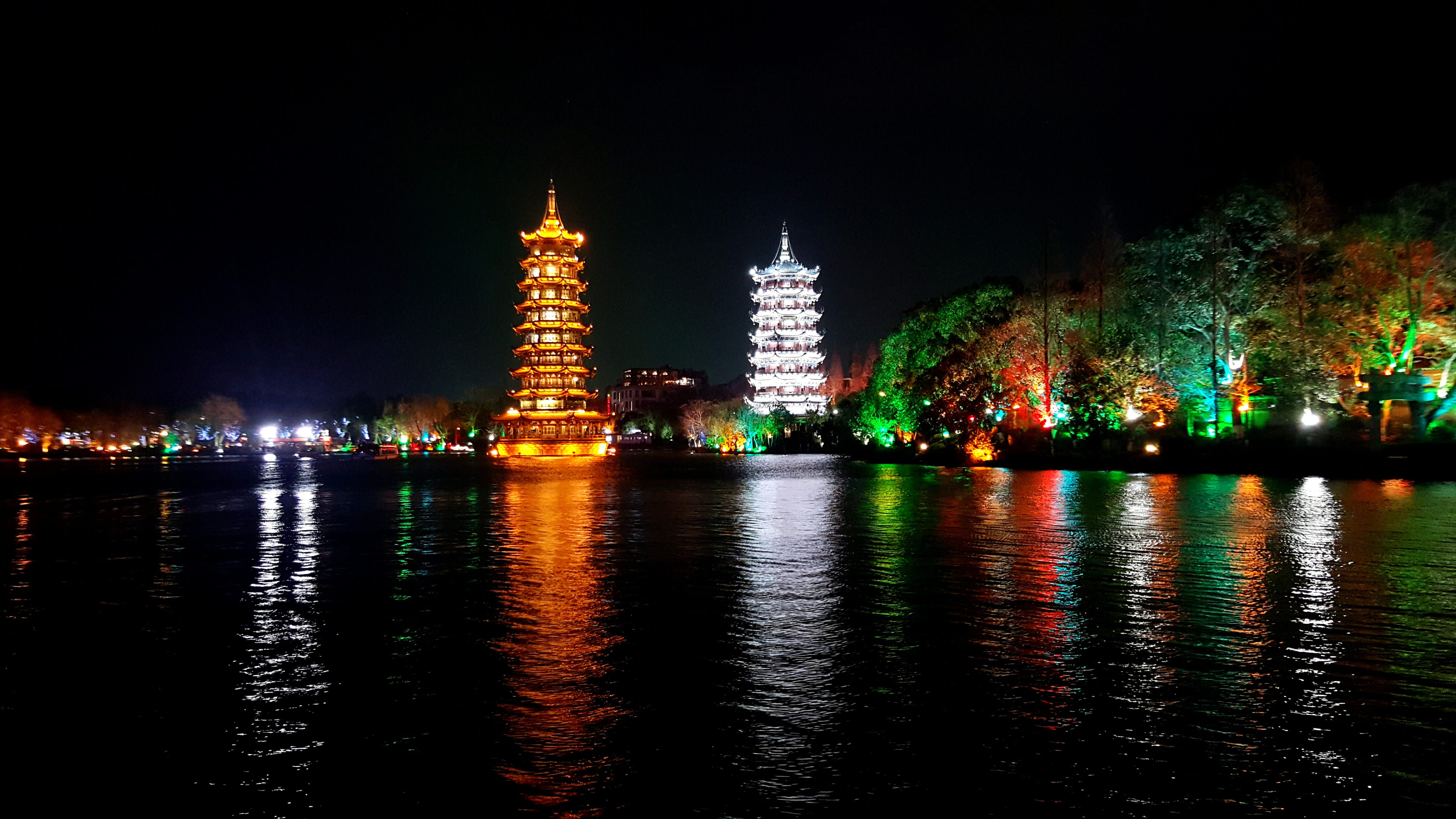 lighting equipment, building, building exterior, waterfront, 4K, travel destinations, water, plant, reflection, river, illuminated, night view, tree, city, HD Wallpaper