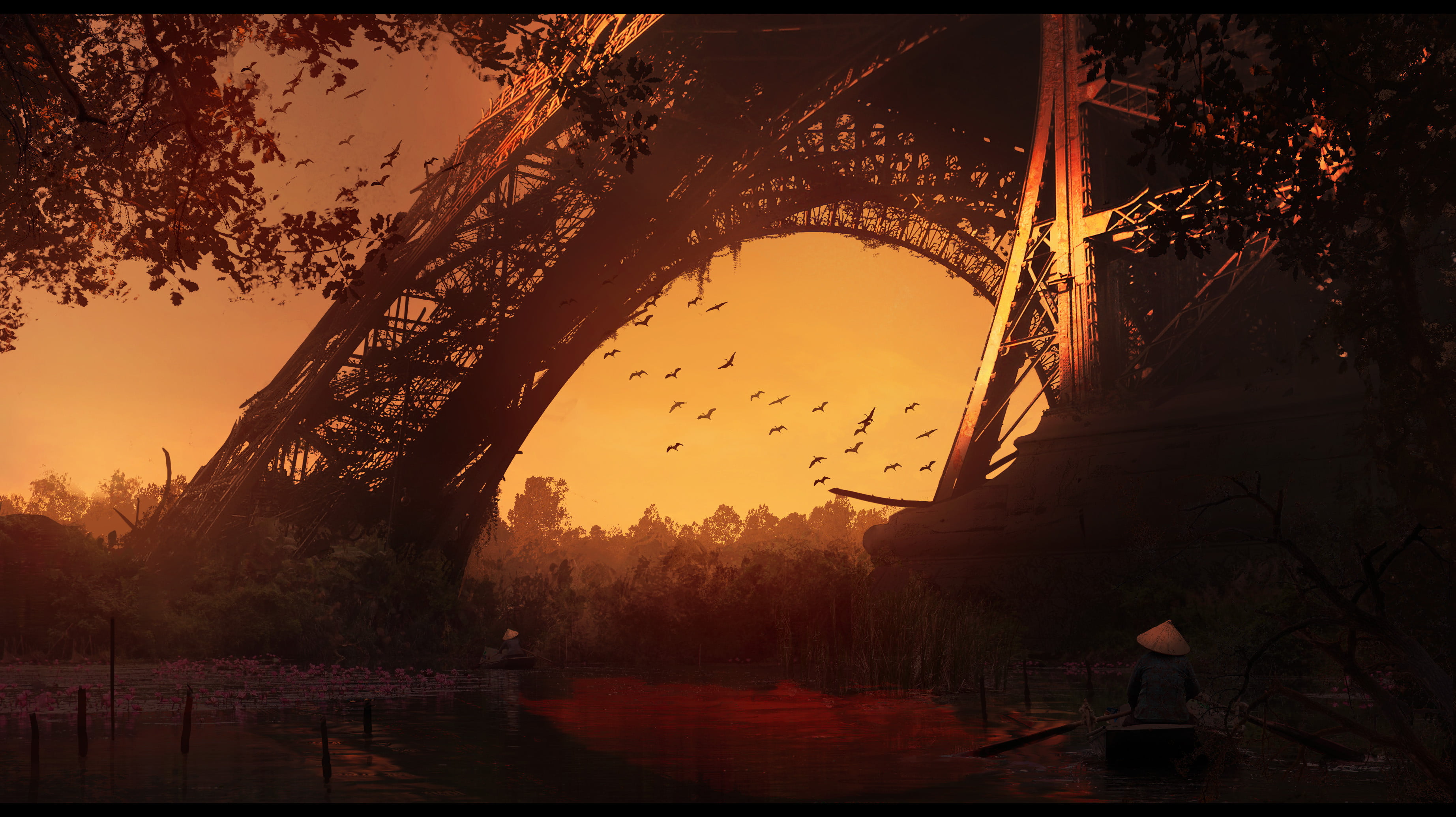 Japanese, architecture, portrait, portrait display, red leaves, artwork, evening, lake, tower, digital art, ArtStation, orange sky, sun rays, Rémy A. S. Diaz, HD Wallpaper