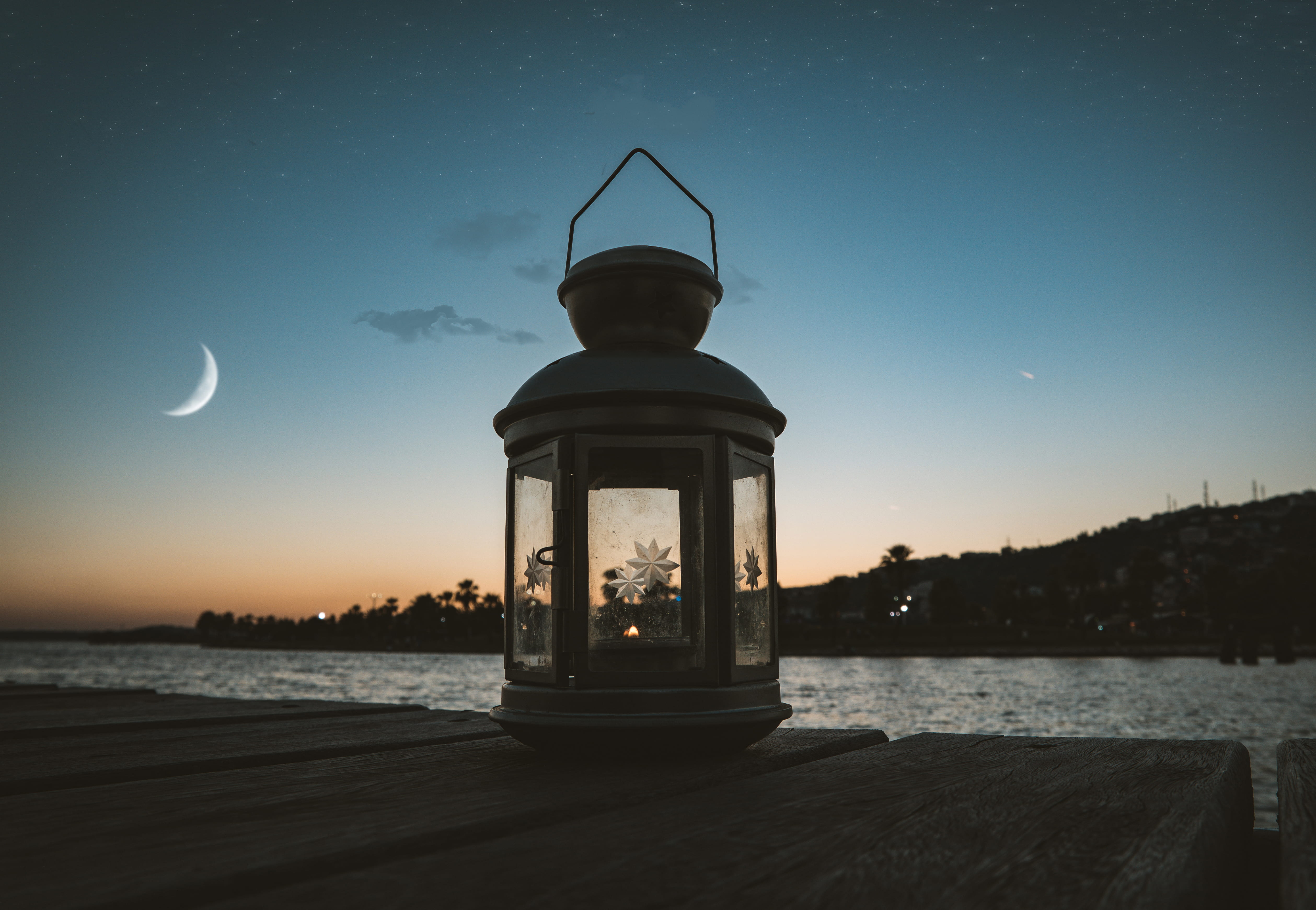 lake, lamp, water, nature, stars, beach, no people, trees, boat, tranquil scene, sea, silhouette, sun, gray, scenics - nature, metal, building exterior, HD Wallpaper