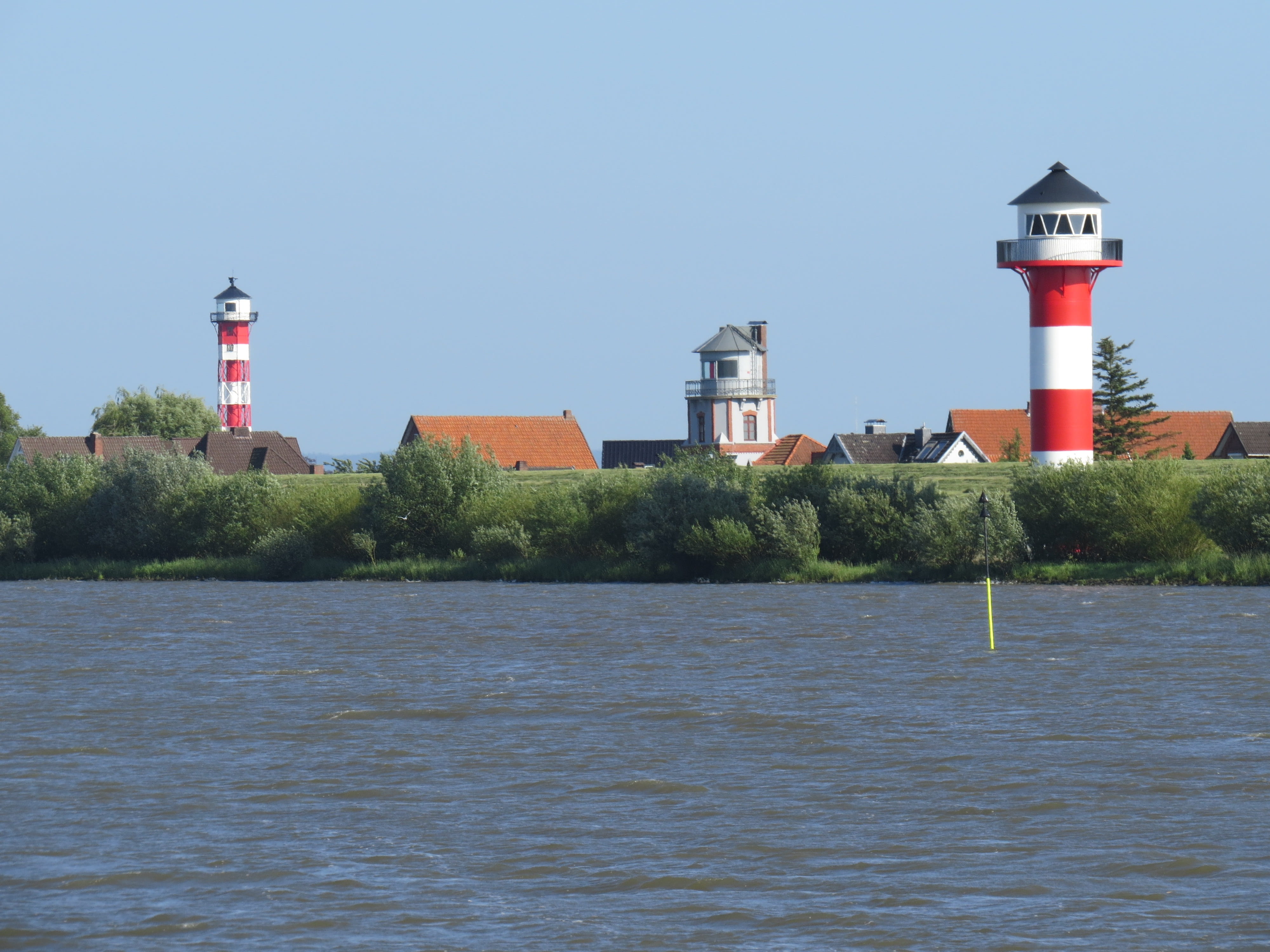 romantic, Lighthouse, beacon, light, direction, architecture, outdoors, container ship, clear sky, built structure, 4K, Old Country, no people, hamburg, HD Wallpaper