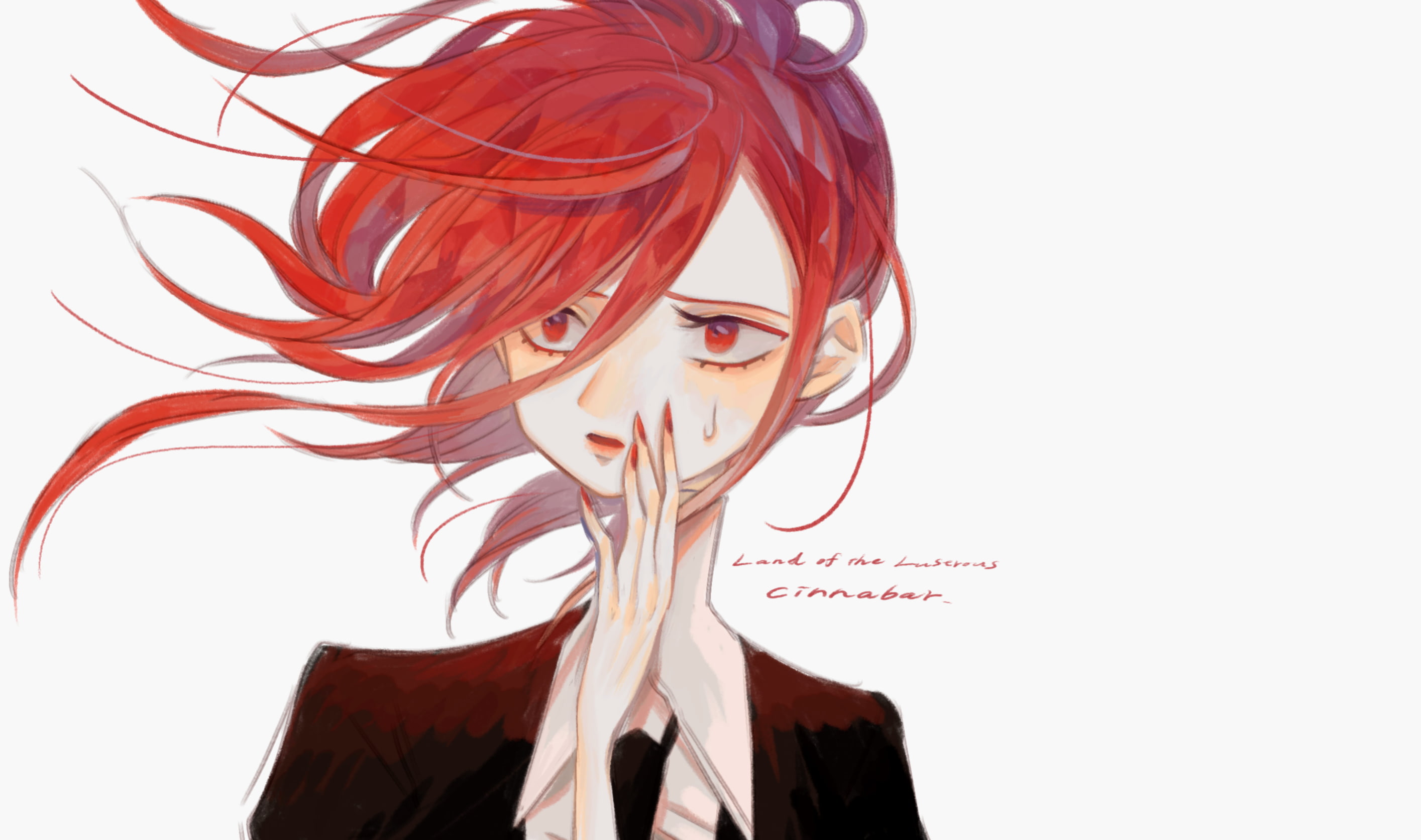 hairstyle, long hair, lifestyles, human face, young adult, headshot, studio shot, beautiful woman, one person, anime girls, 2K, red, indoors, Houseki no kuni, HD Wallpaper
