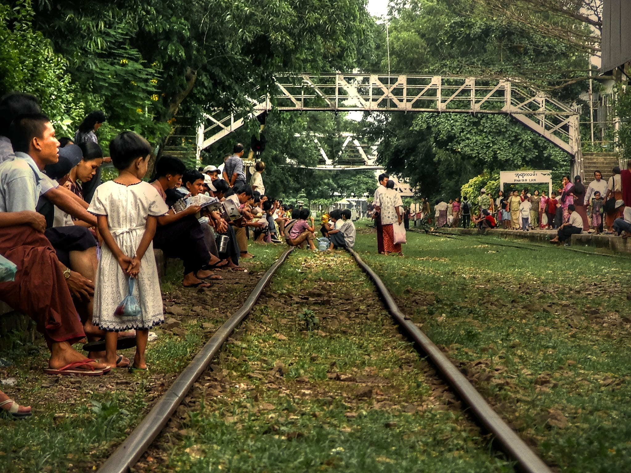 crowd, architecture, yangon, station, women, real people, group of people, grass, rear view, rails, burma, leisure activity, outdoors, train tracks, men, HD Wallpaper