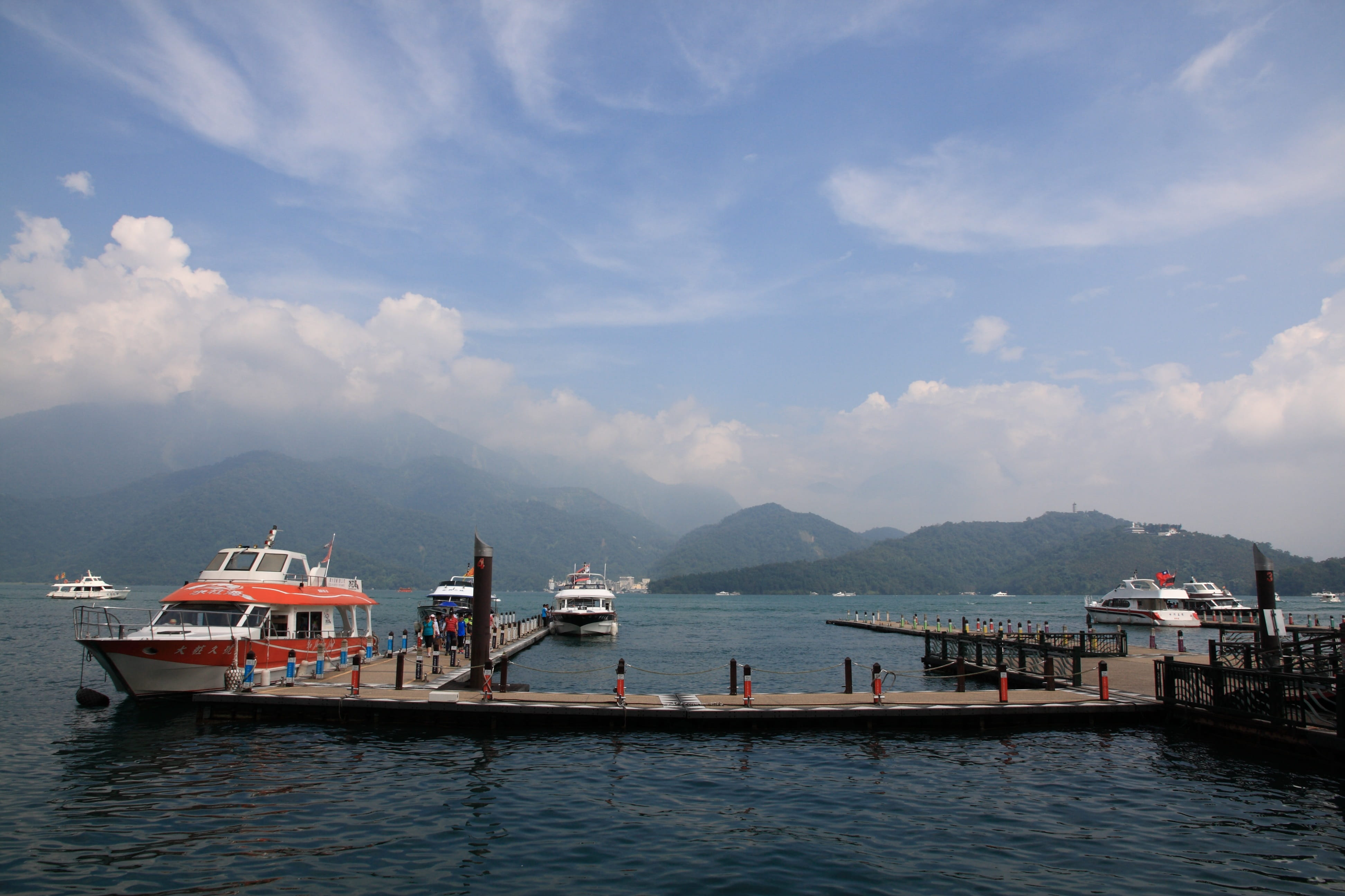 4K, boat, mountain range, sky, cruise ship, harbor, no people, built structure, nature, transportation, Sun Moon Lake, fishing boat, water, beauty in nature, HD Wallpaper