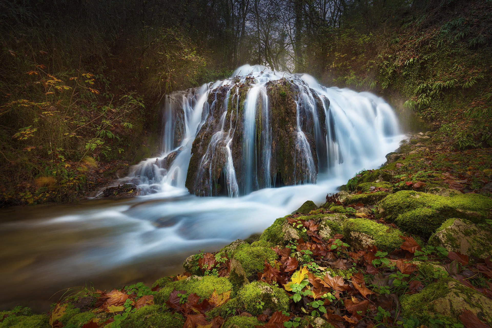 waterfall, falling water, flowing, forest, 1080P, scenics - nature, power in nature, nature, no people, environment, long exposure, rock, flowing water, HD Wallpaper
