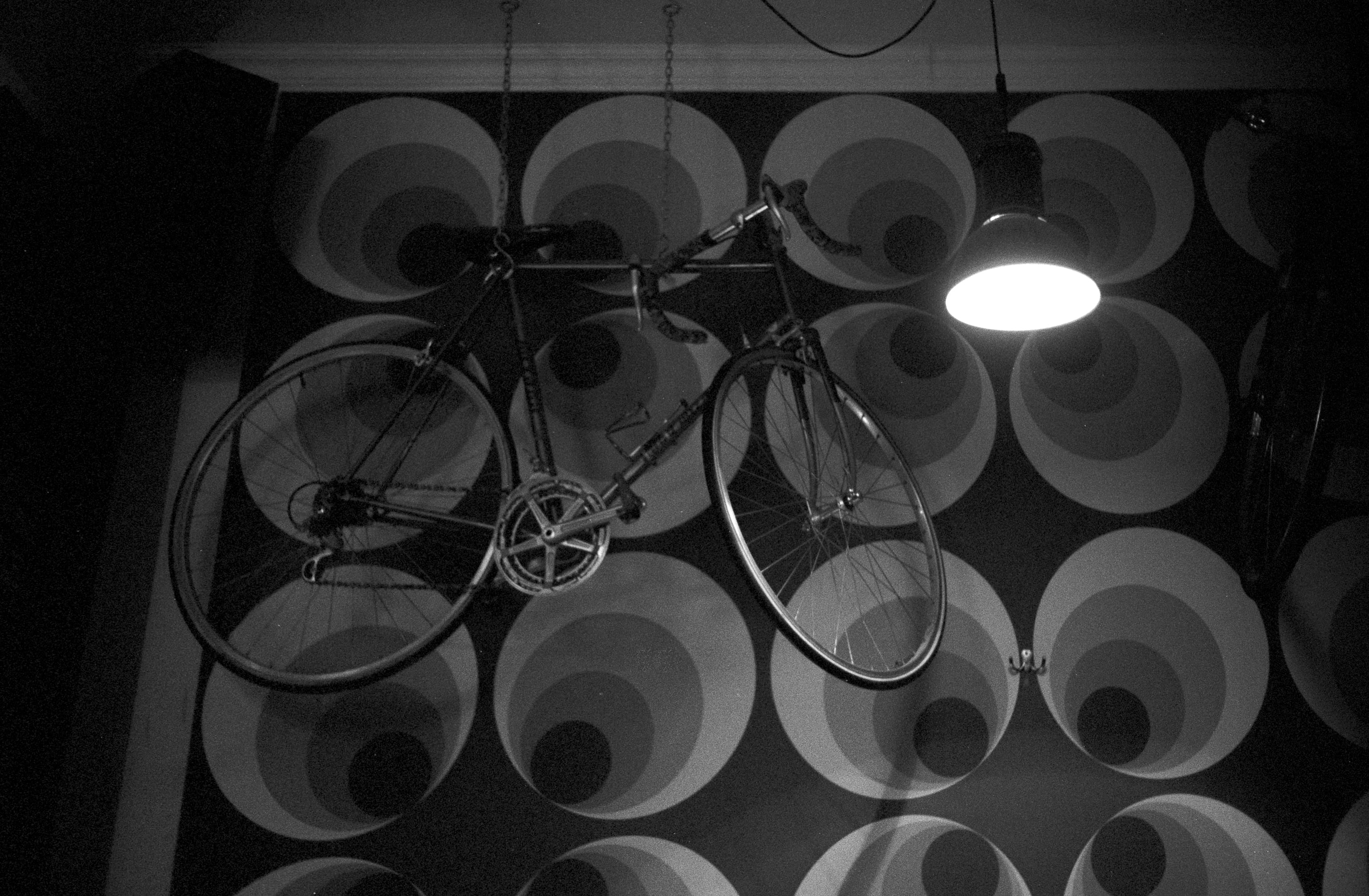 hanging, ilford, pattern, lamp, gdańsk, glowing, night, bike, lighting equipment, electric lamp, cafe lamus, dark, circle, geometric shape, poland, 2K, HD Wallpaper