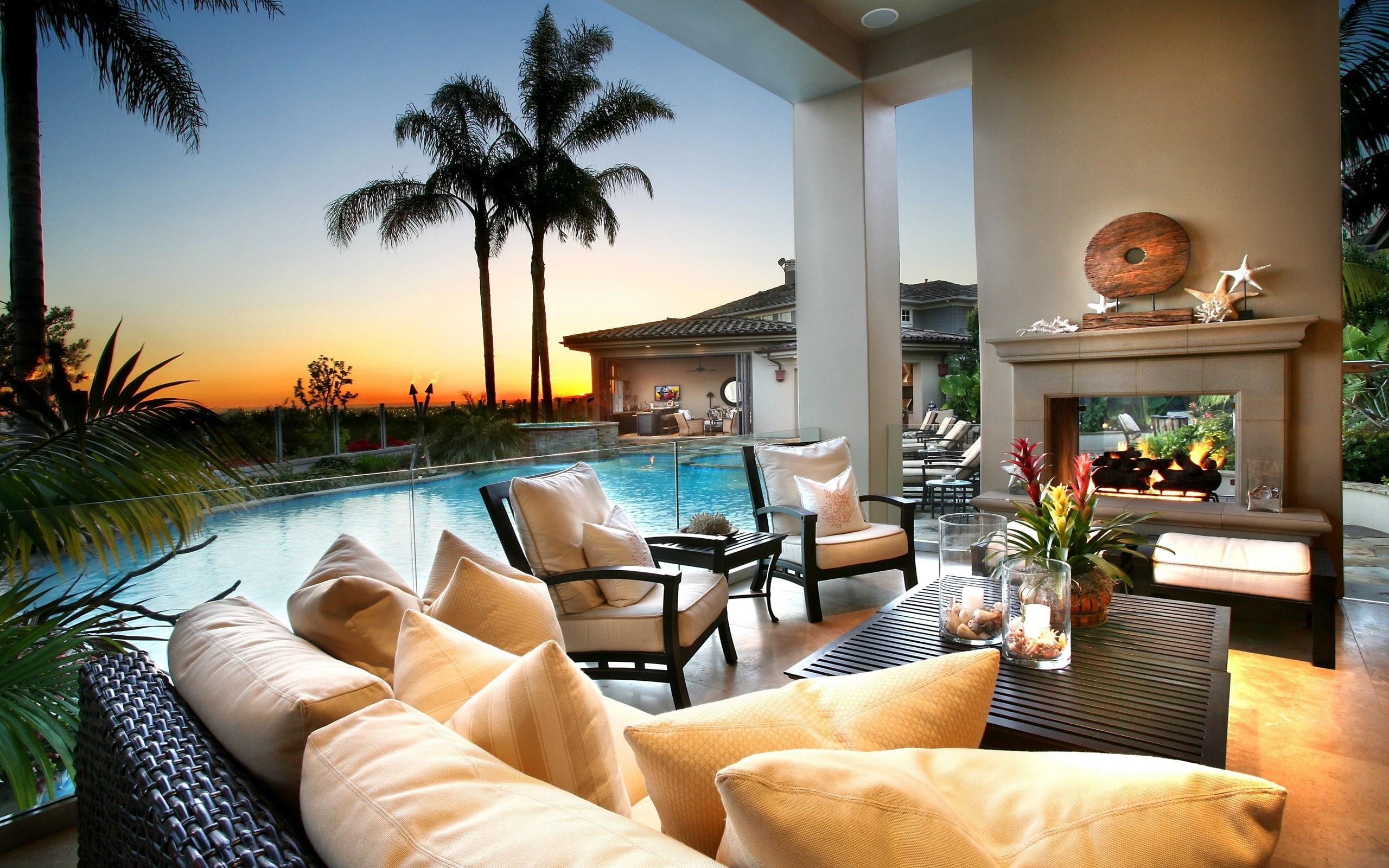 chair, palm trees, 2K, sunset, swimming pool, HD Wallpaper