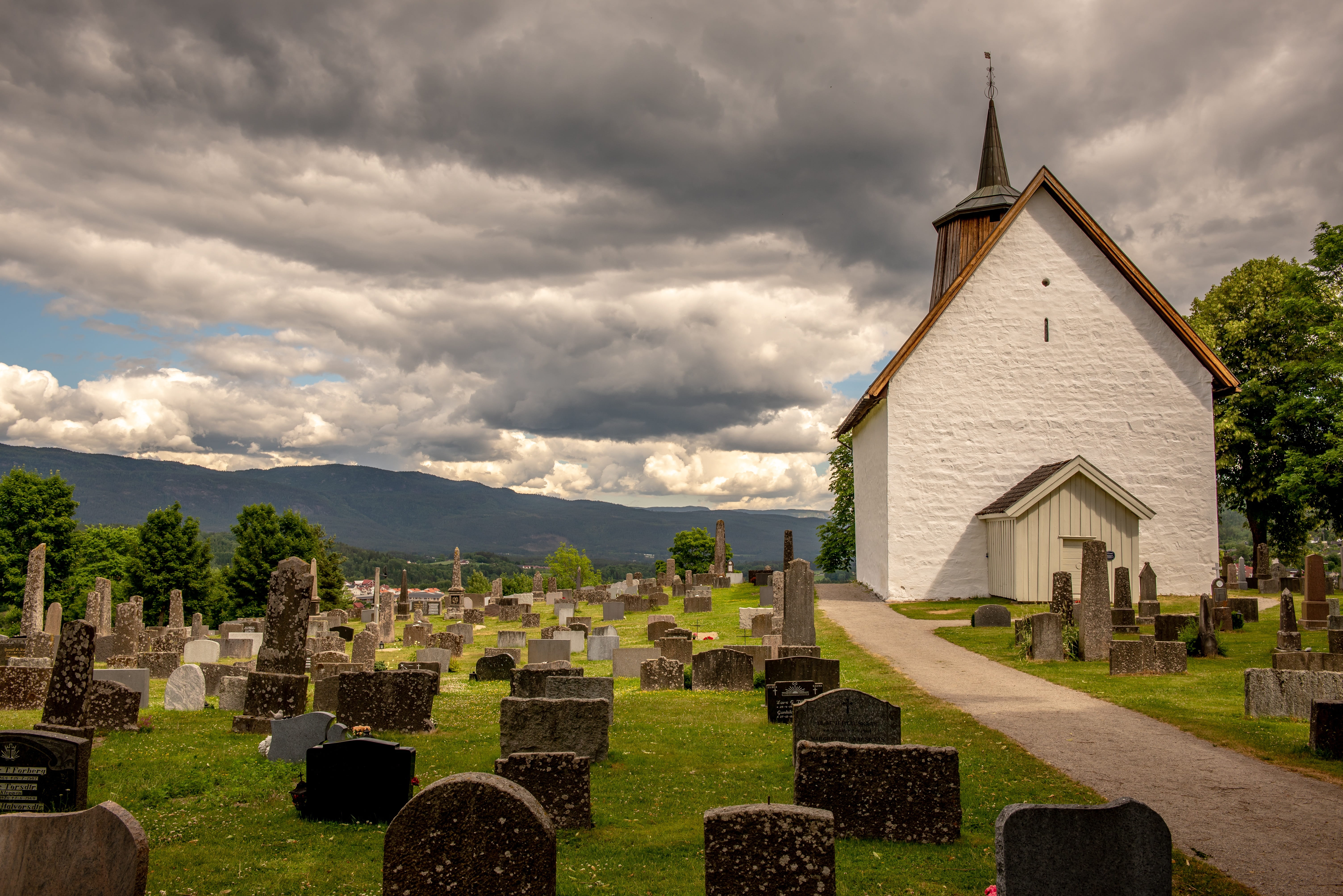 day, no people, stone, grave, outdoors, architecture, cemetery, tombstone, church, place of worship, sky, telemark norway, graveyard, religion, the past, HD Wallpaper