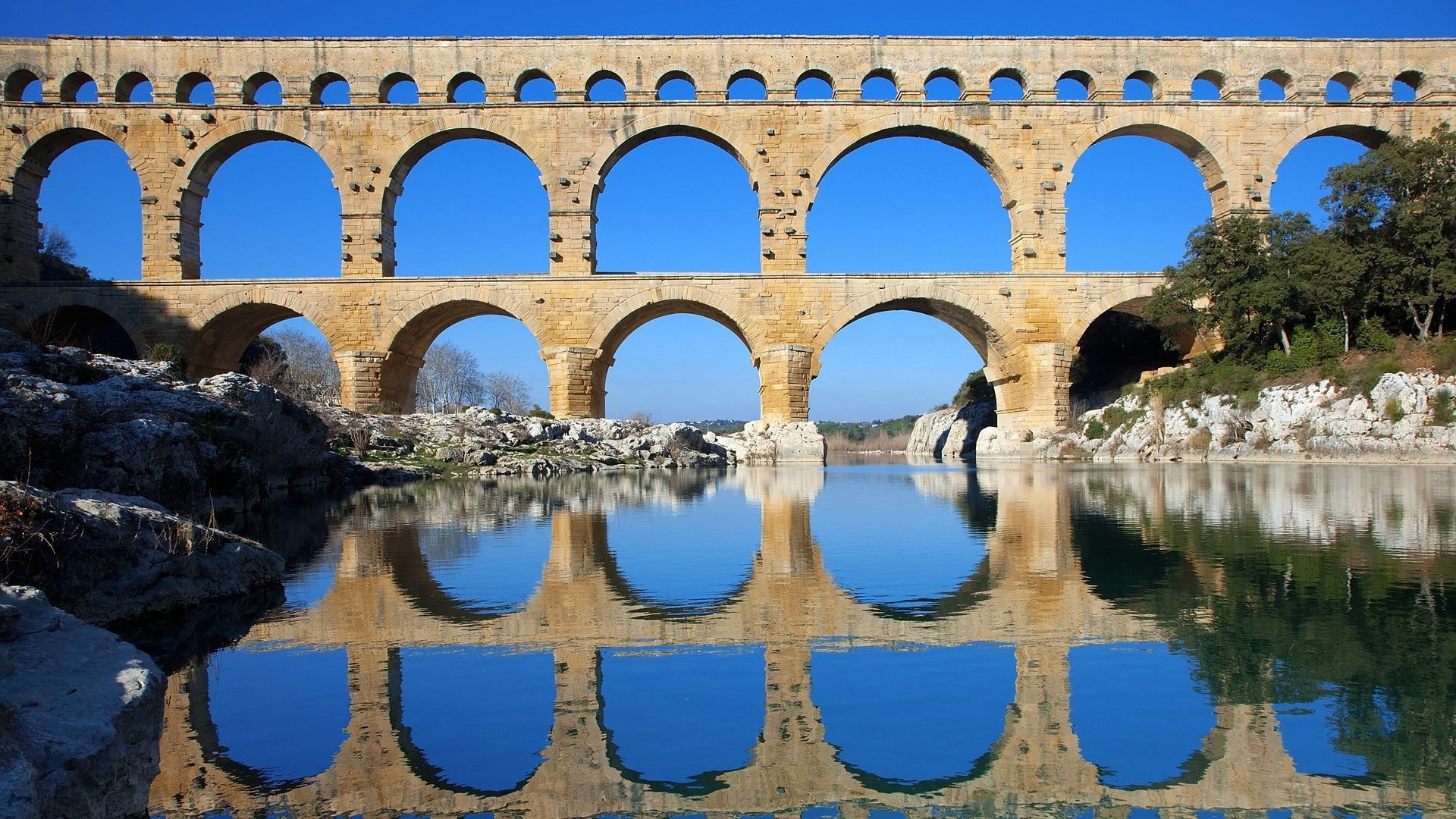 tree, ancient, reflection, arch, building aqueducts mountain nature landscape lake forest winter ice france pont du gard, travel destinations, river, no people, HD Wallpaper