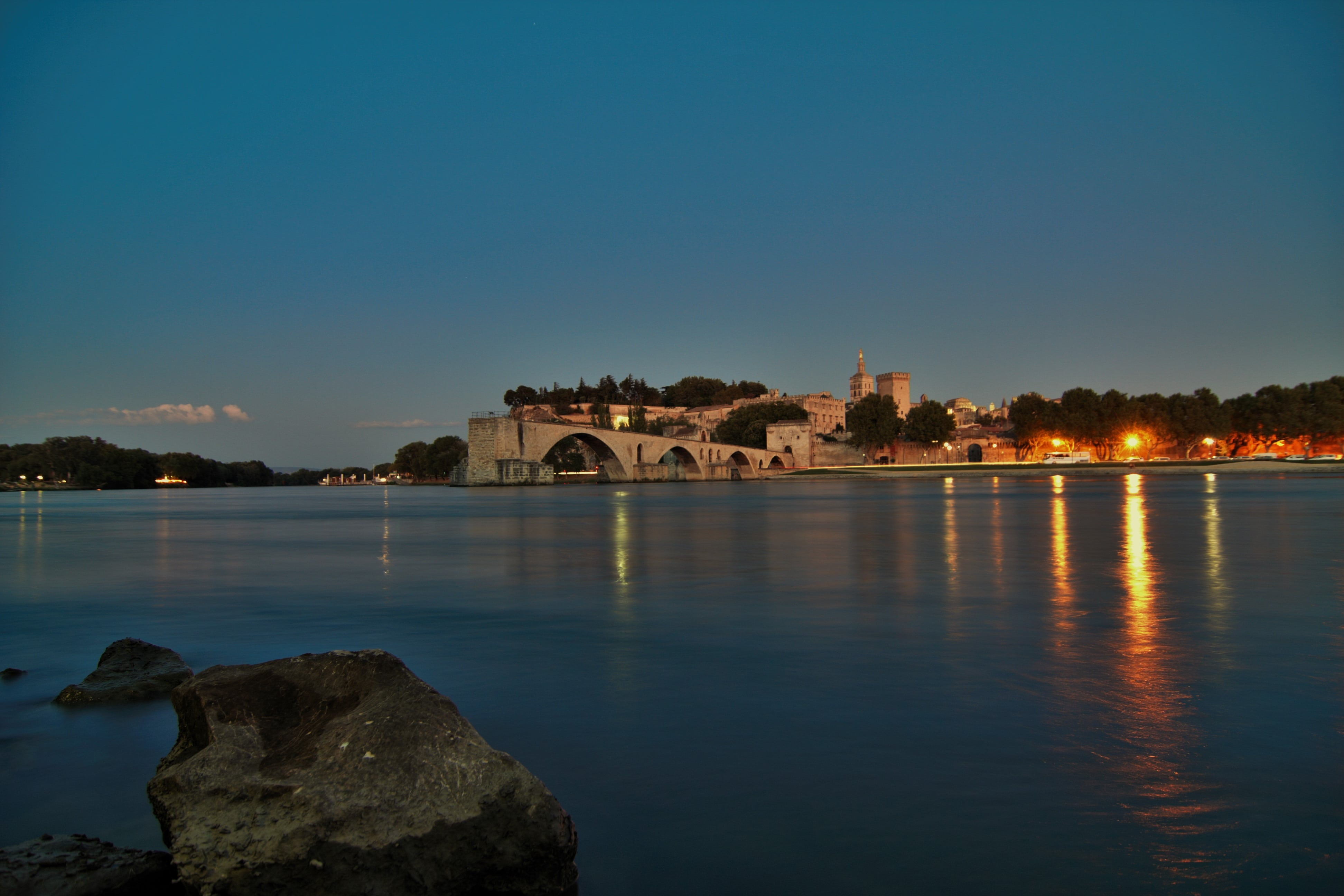 rhone, arch, connection, bridge - man made structure, pont davignon, france, provence, building exterior, built structure, sunset, evening, river, reflection, HD Wallpaper