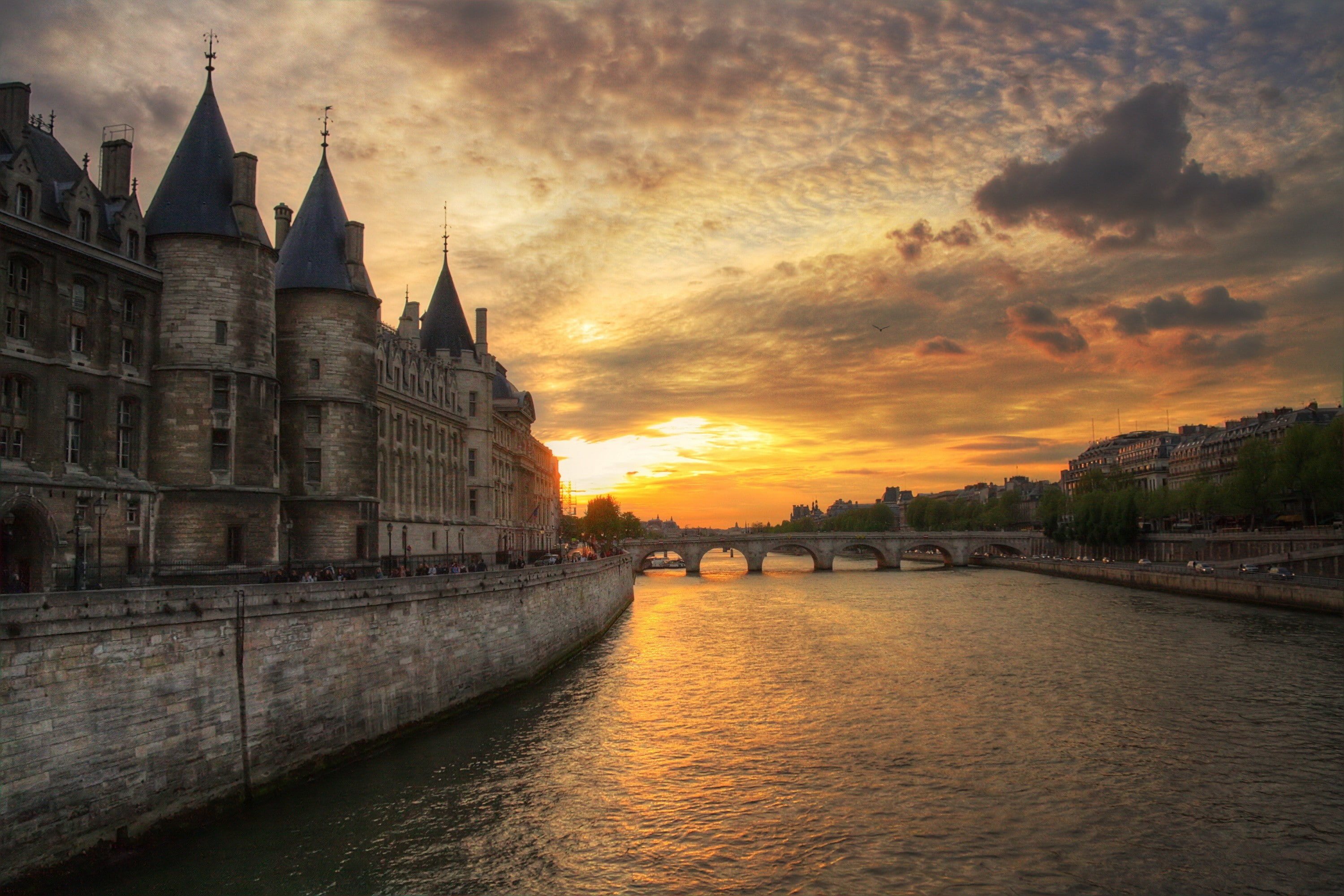 river, building exterior, no people, built structure, architecture, waterfront, cloud - sky, connection, travel destinations, orange color, city, sky, old building, HD Wallpaper