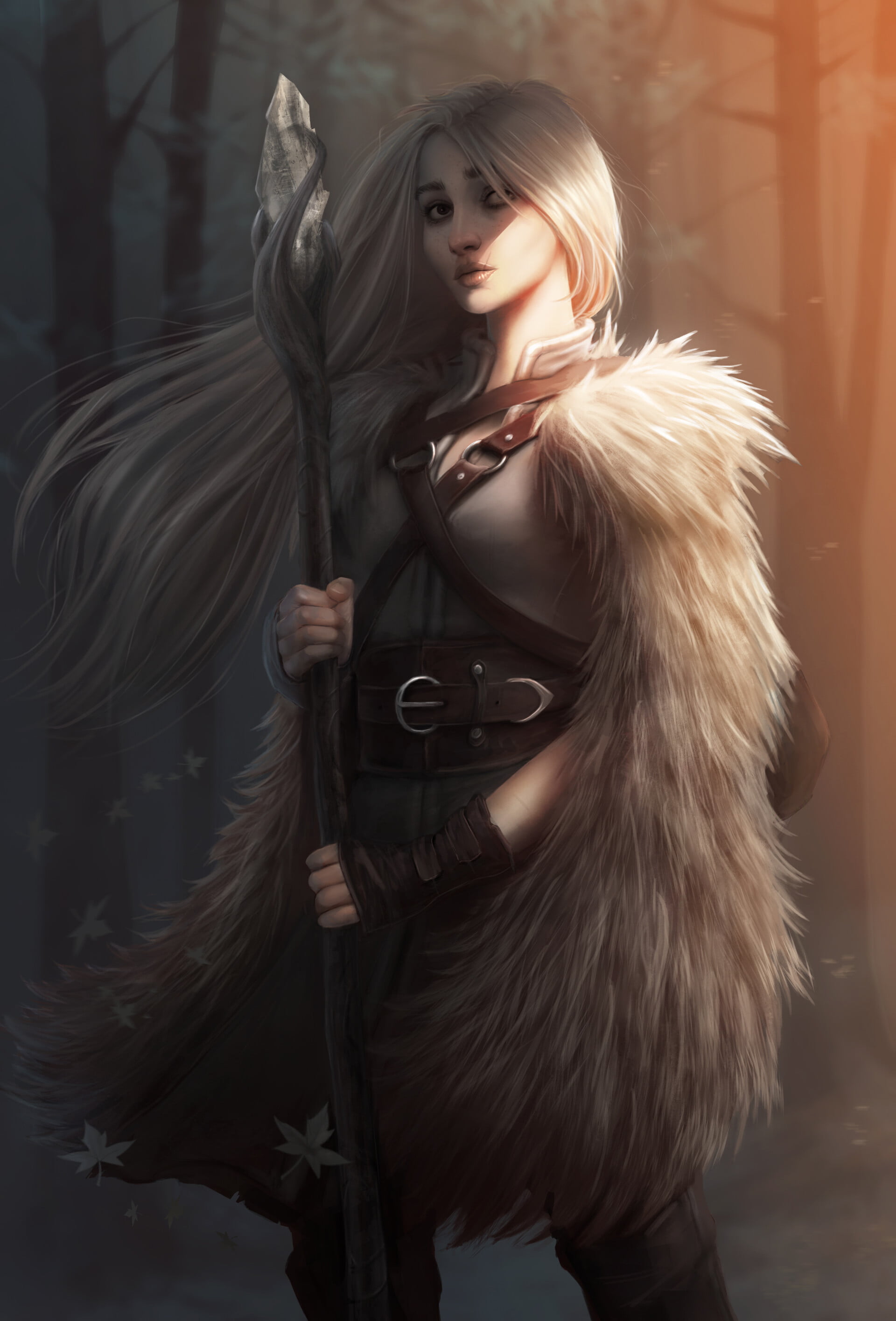 artwork, drawing, women, staff, Réka Boros, 2K, blonde, fur coats, portrait display, white hair, looking away, digital art, ArtStation, Phone HD Wallpaper