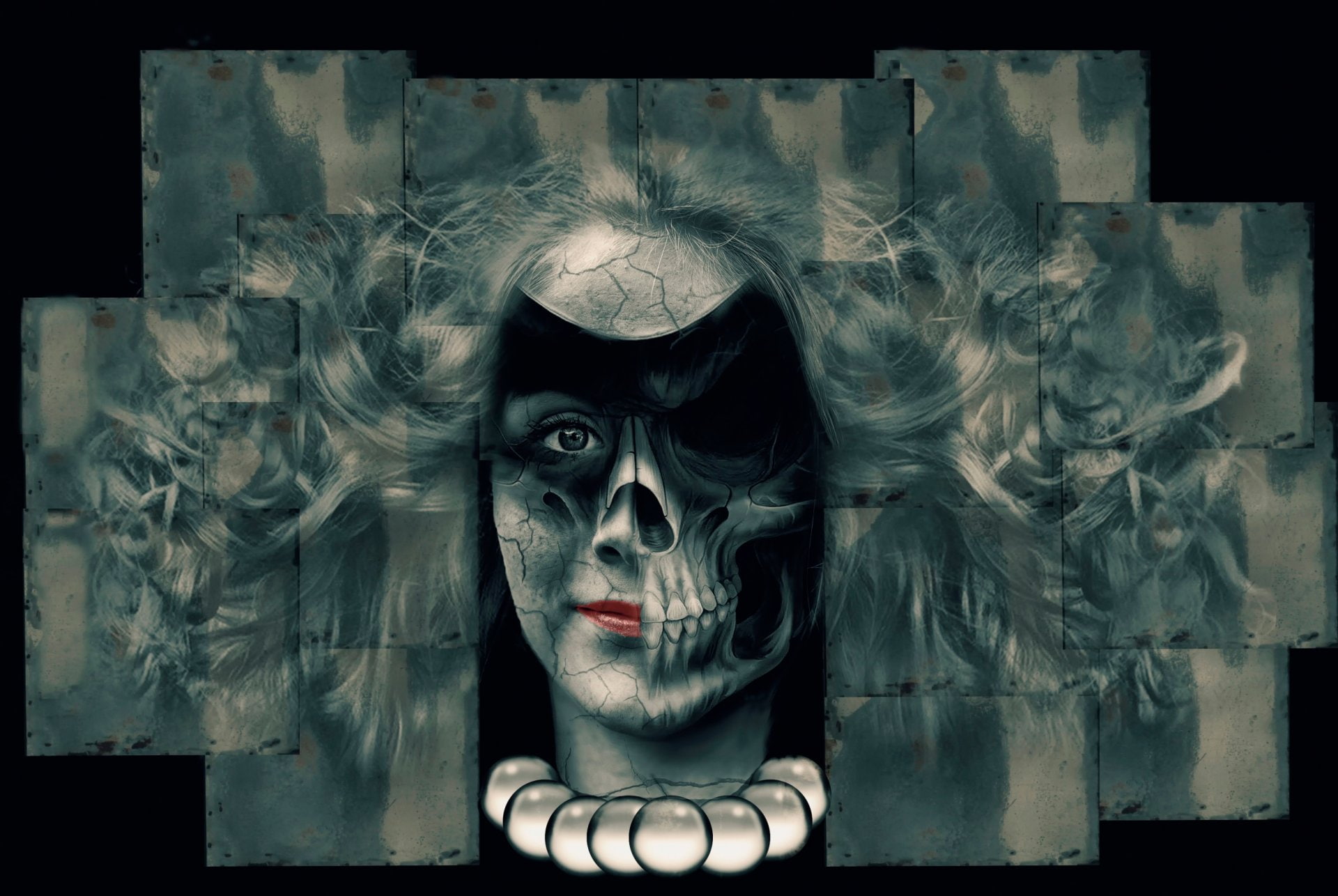 digital art, skull, women, Long Hair, Surreal, face, Square, 1080P, Red Lipstick, artwork, Natalia Baras, Pearl Necklace, HD Wallpaper