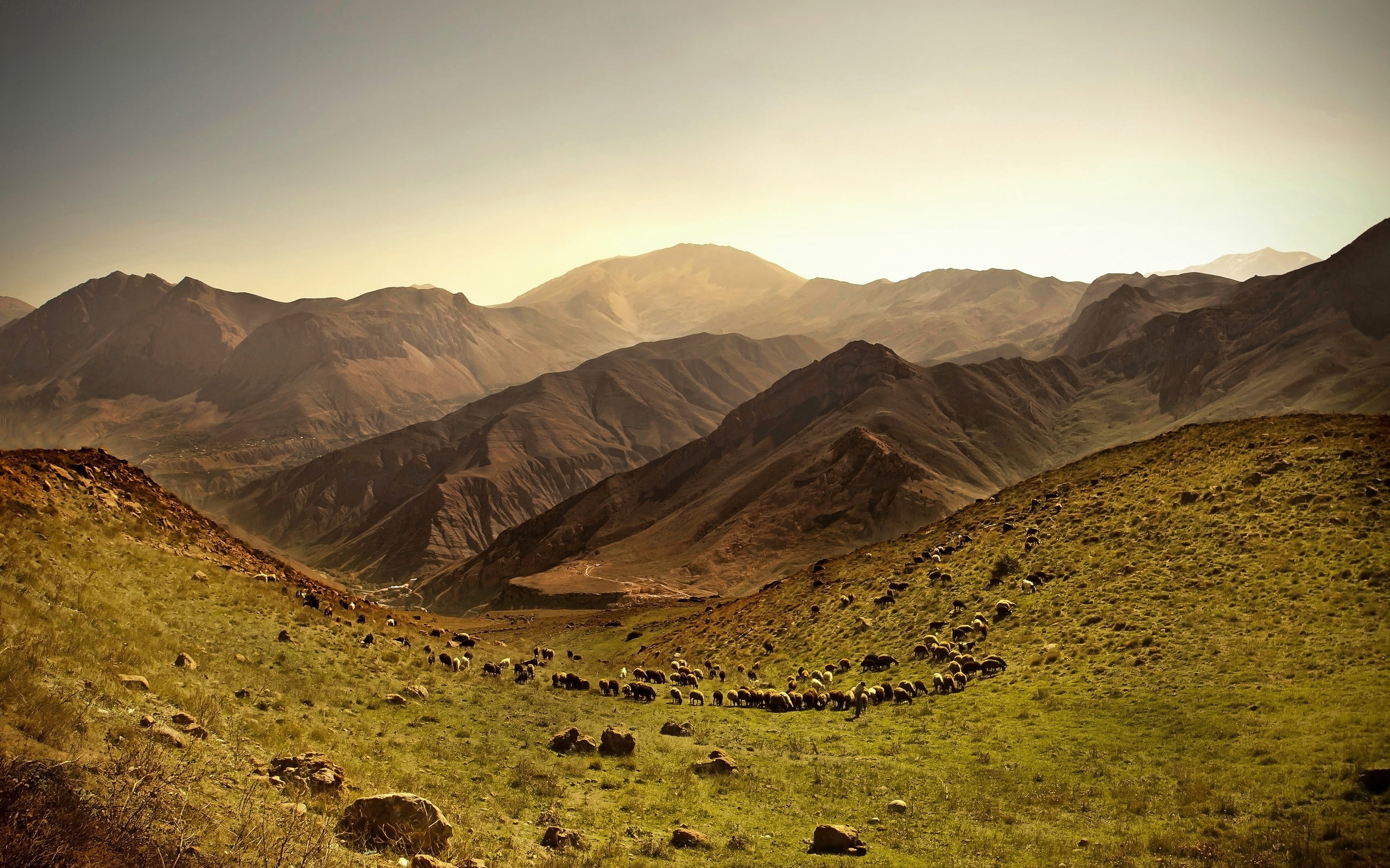 scenics - nature, tourism, fields, nature, arid climate, blue, brown, stone, travel, mountain Range, 2K, sun, pasture, stones, himalayas, scenics, mountains, HD Wallpaper