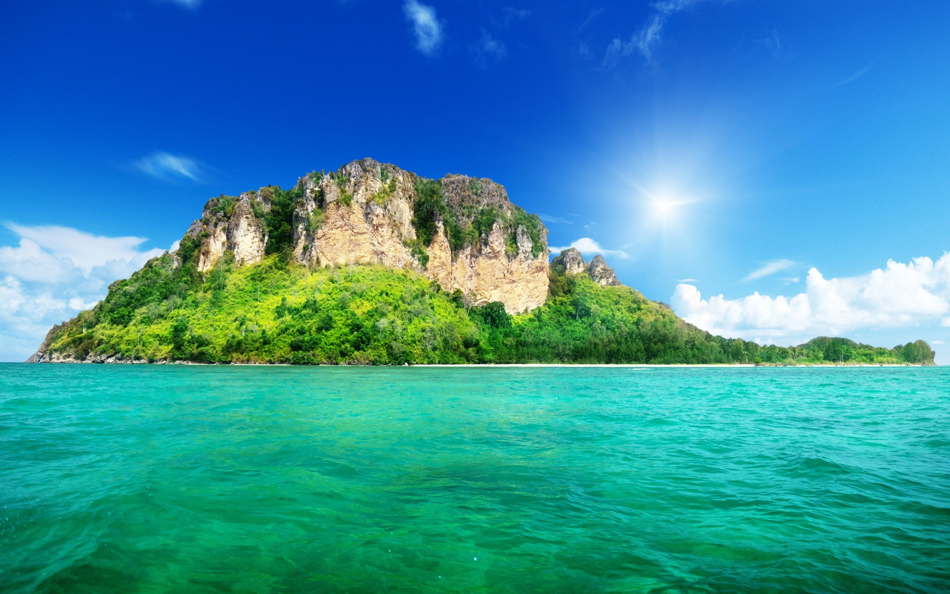 Landscape, mountain, Trees, Island, Nature, rocky, Clouds, 1080P, Sky, Green, Sea, HD Wallpaper