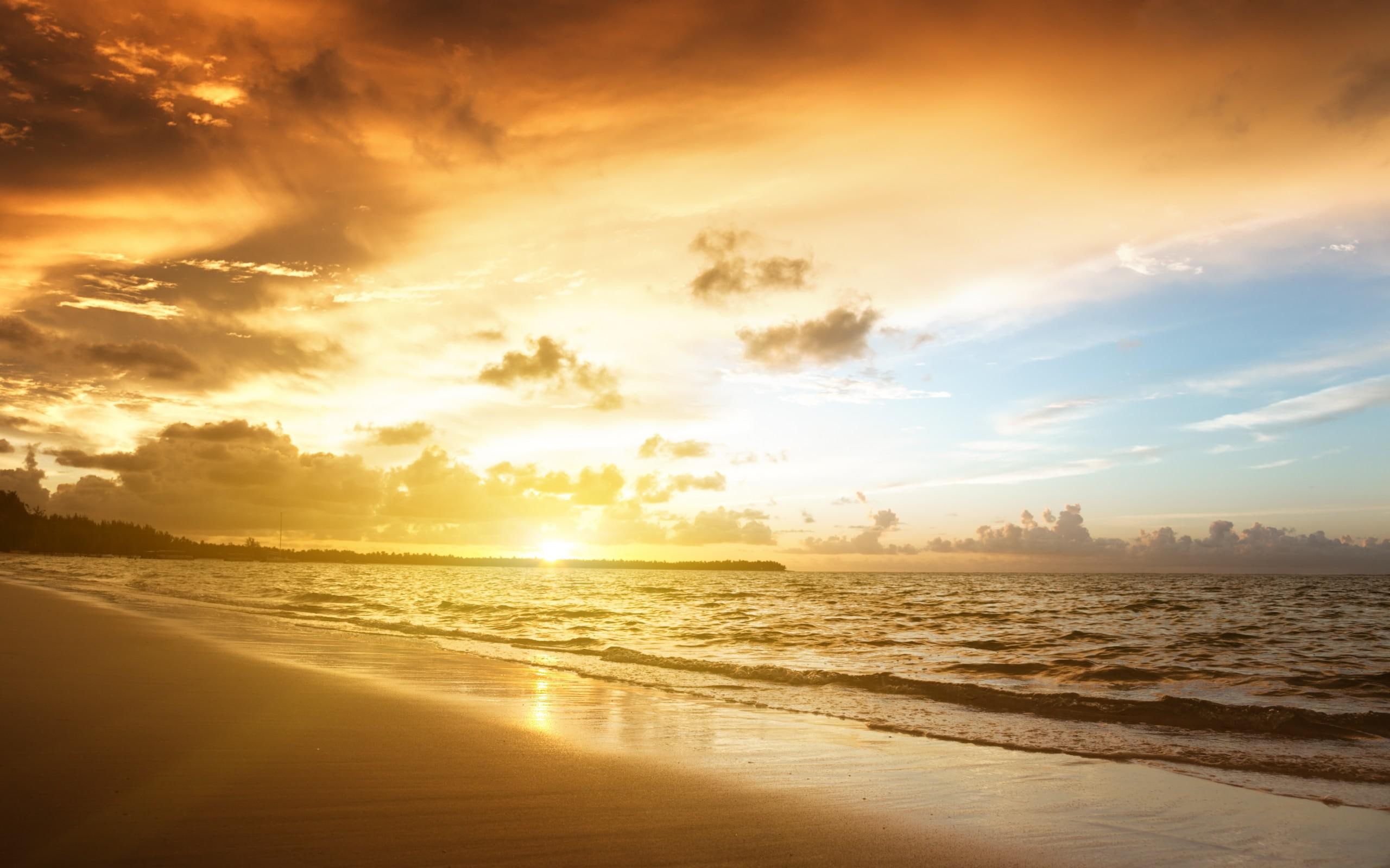 sunset, hour, golden, nature, beach, landscape, wide, sky, sea, 2K, sand, beaches, HD Wallpaper