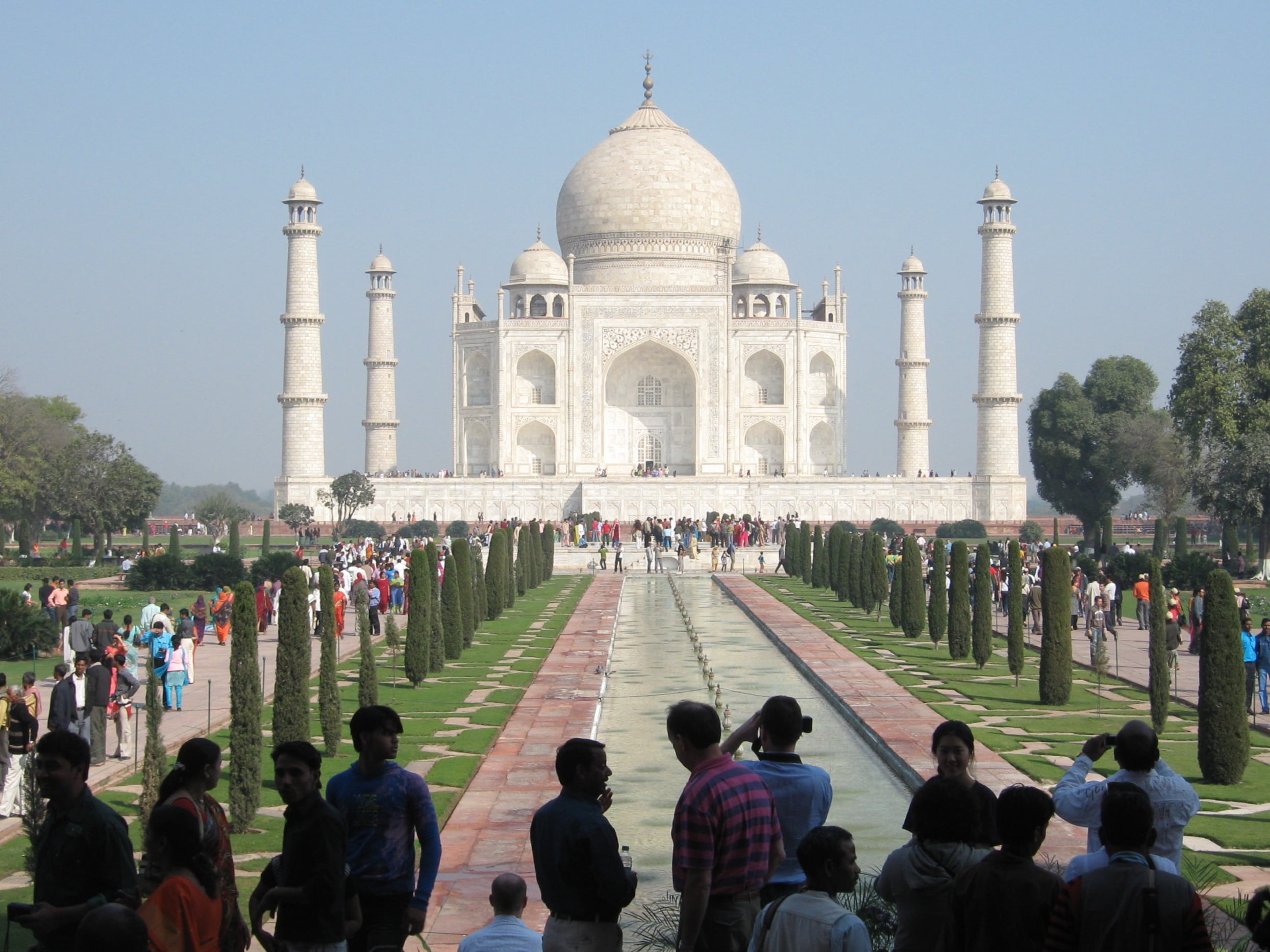 sky, clear sky, memorial, tourism, men, large group of people, mausoleum, 1080P, white, marble, building, built structure, group of people, india, the past, HD Wallpaper