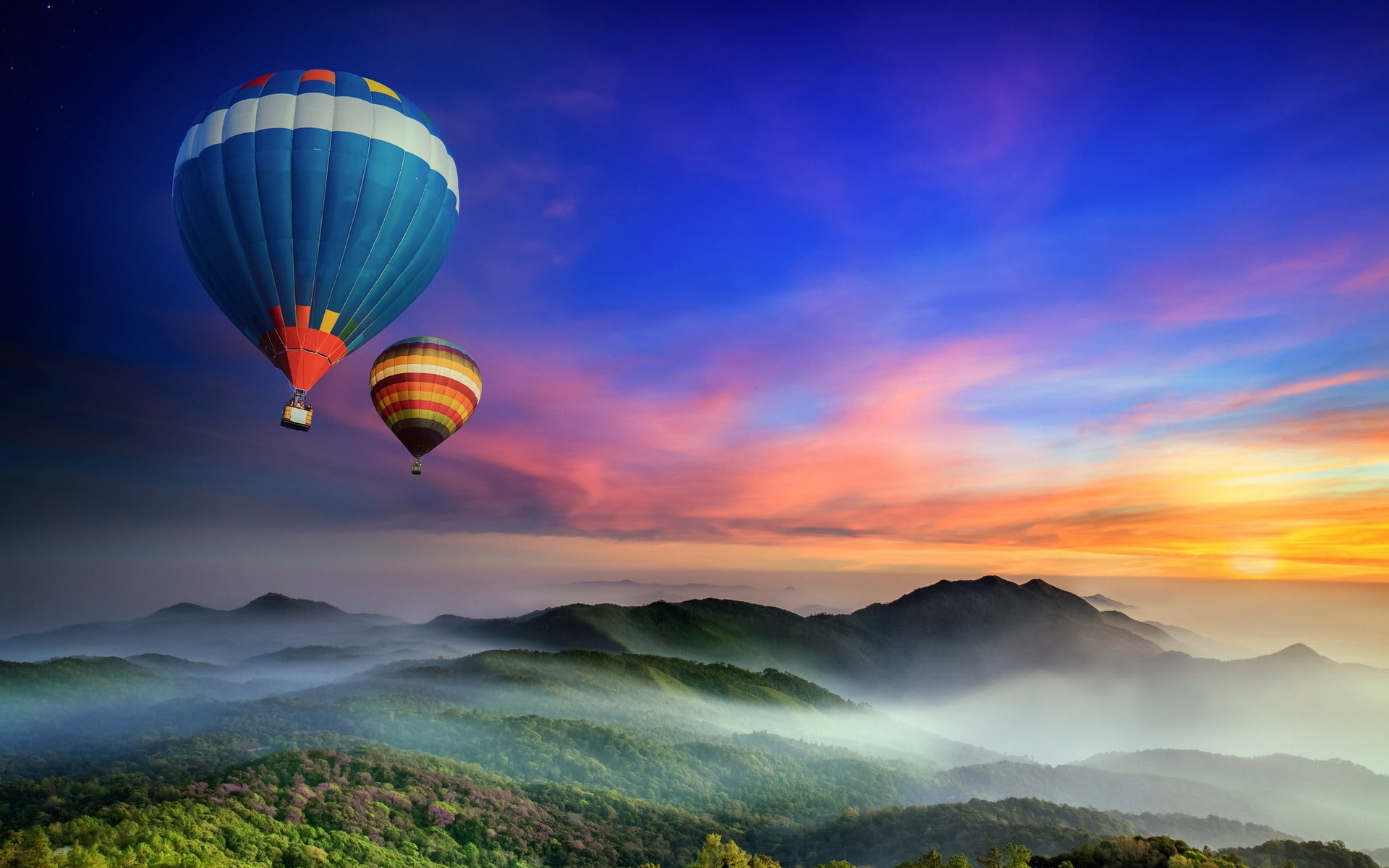 mountain peak, transportation, cloud - sky, mountain, mountain range, flying, tranquility, balloons, 1080P, air vehicle, mid-air, adventure, HD Wallpaper
