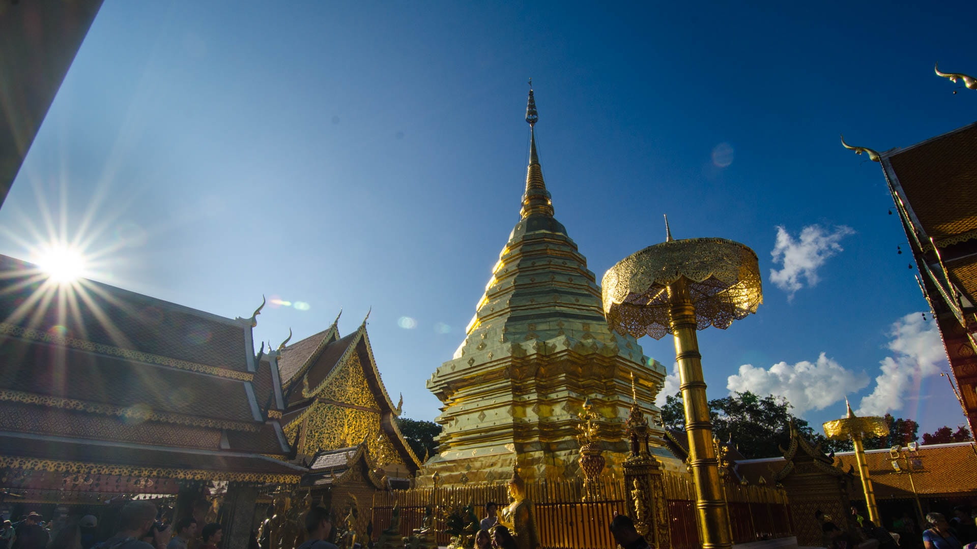 low angle view, nature, belief, architecture, gold colored, building, sunlight, spirituality, spire, built structure, Chiang Mai, 1080P, temple, place of worship, HD Wallpaper