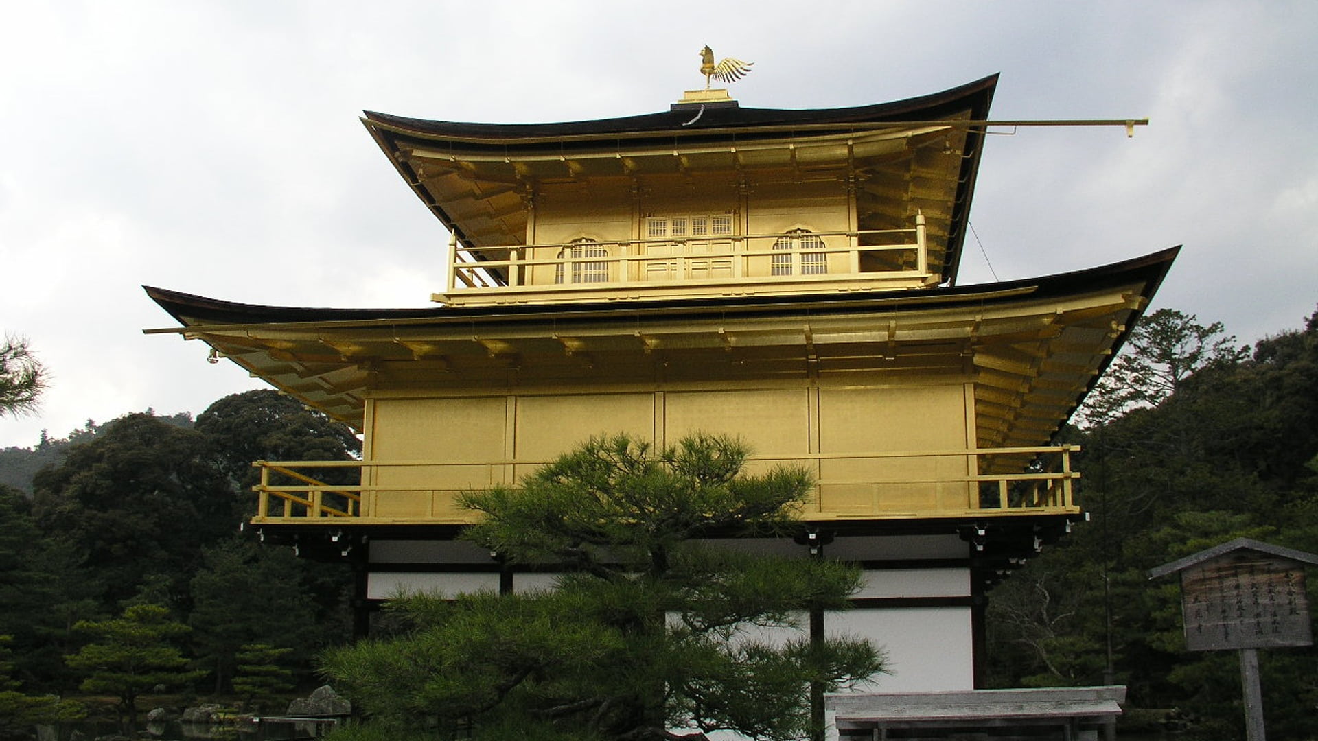 building exterior, 1080P, architecture, outdoors, tree, house, nature, sky, built structure, travel destinations, gold temple, kyoto, kinkakuji temple, HD Wallpaper