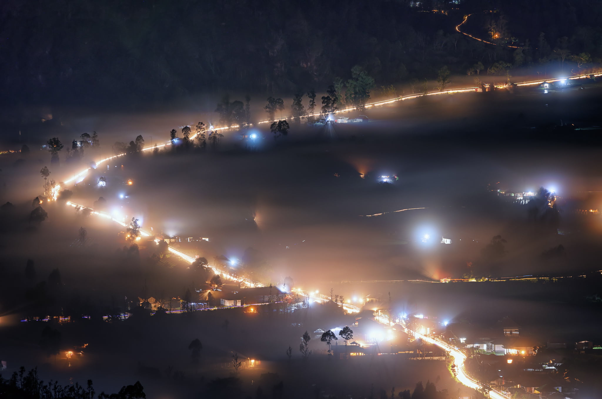 motion, 1080P, outdoors, smoke - physical structure, architecture, firework - man made object, no people, Misty Night, lighting equipment, Kintamani, Bali, HD Wallpaper