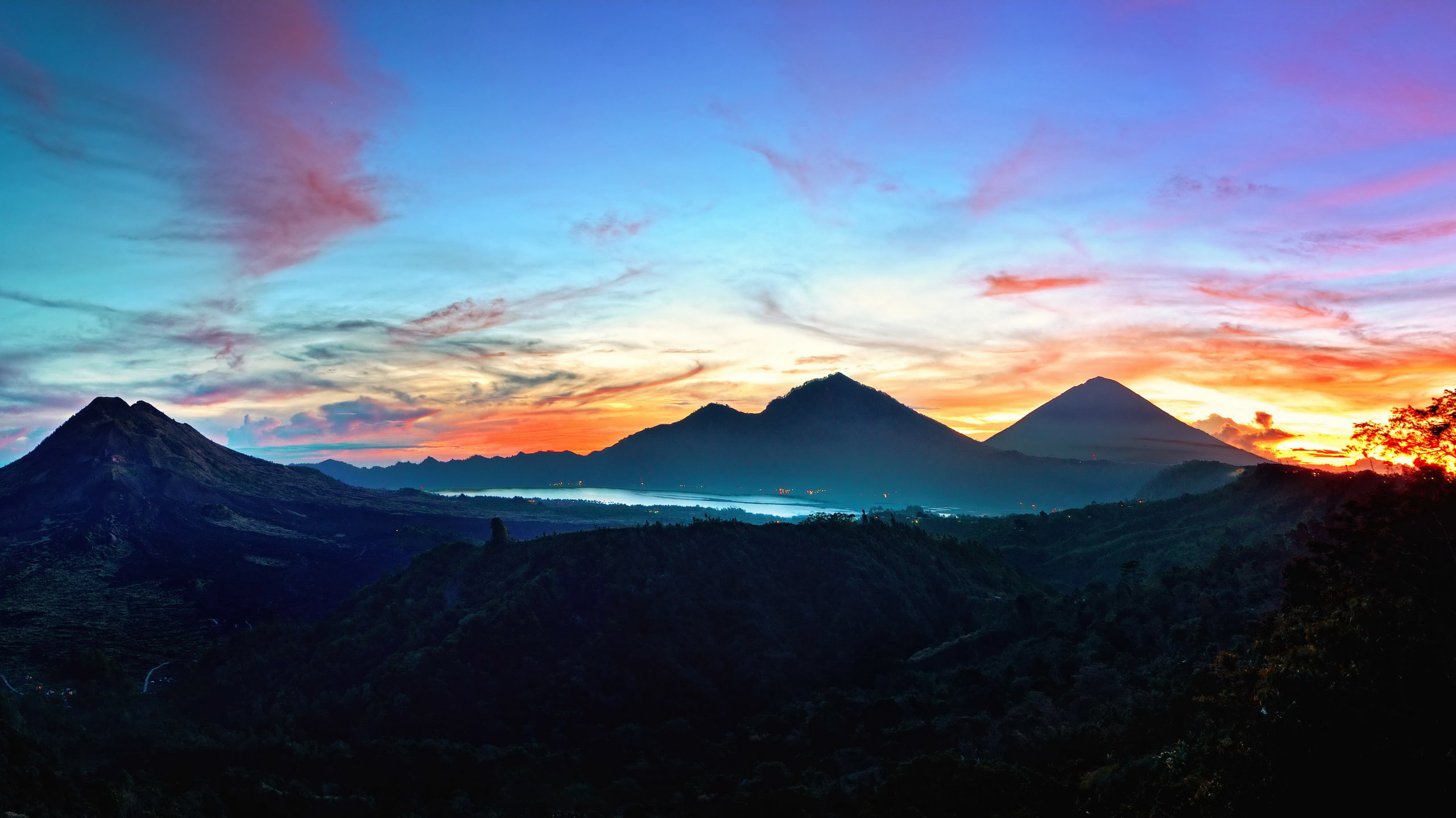 2K, the sky, mountains, Indonesia, landscape, Sunrise at Kintamani, nature, Bali, HD Wallpaper