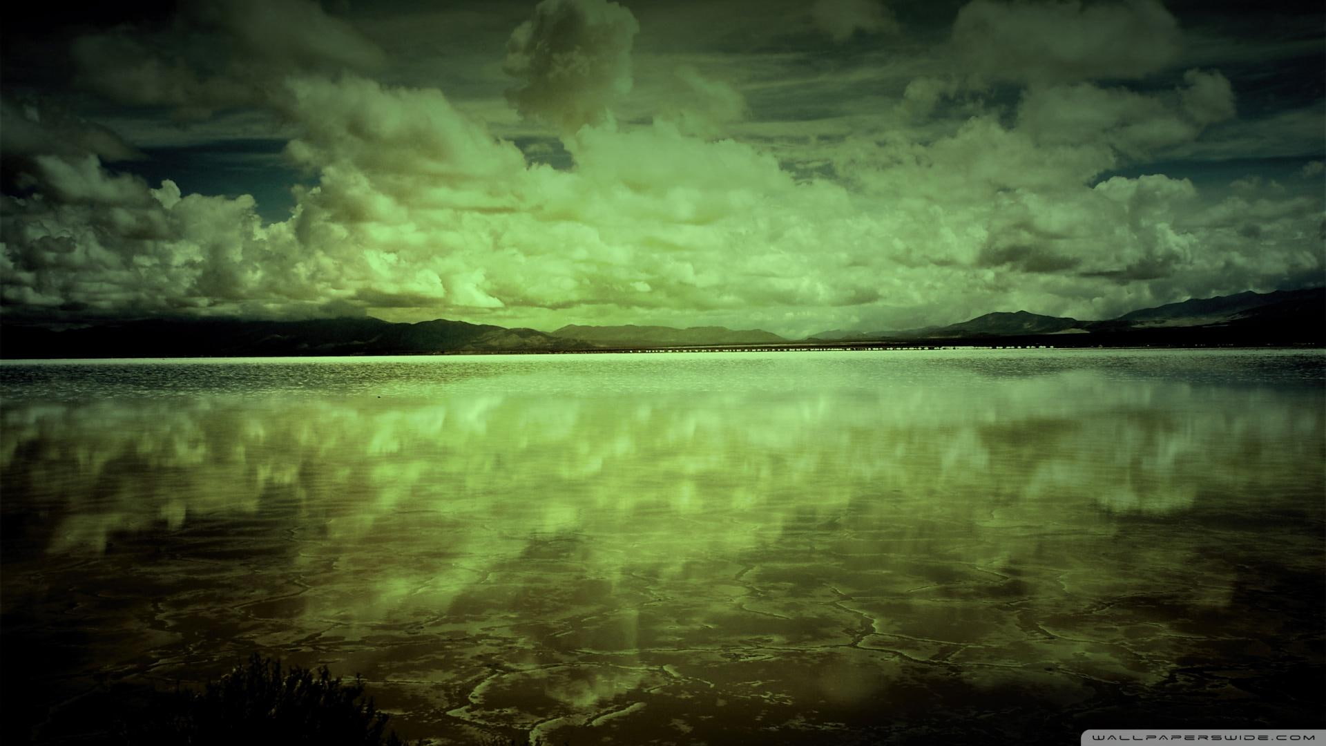 green, green hue, 1080P, mountains, day, clouds, reflection, water, lake, cloud, still, nature and landscapes, HD Wallpaper
