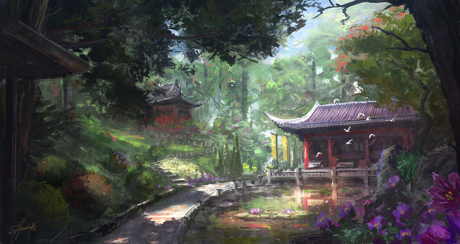 Sebastien Hue, ArtStation, garden, 1080P, digital painting, HD Wallpaper