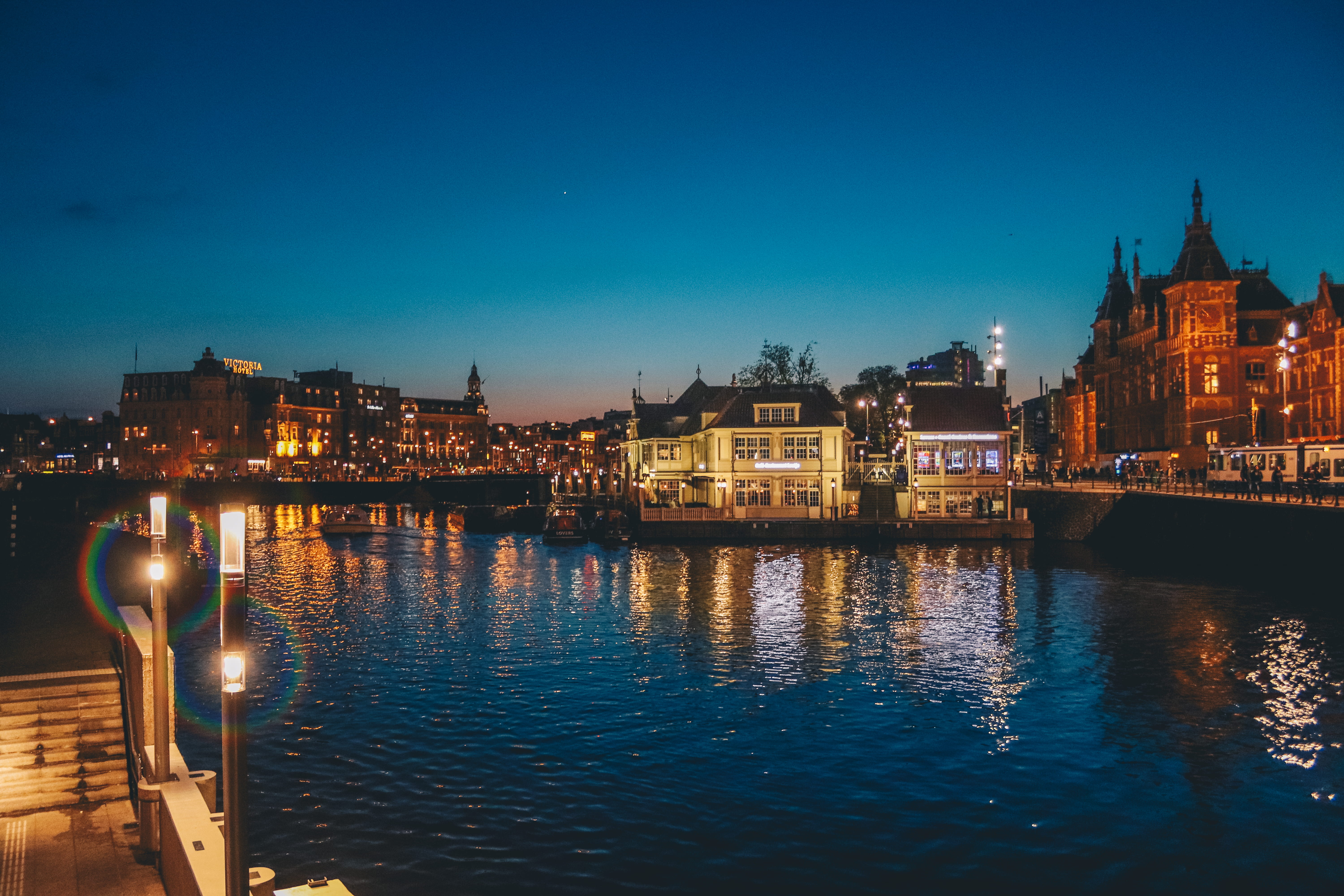 hue, built structure, city, building, blue, amsterdam, reflection, sky, nature, architecture, waterfront, copy space, transportation, water, dusk, nautical vessel, HD Wallpaper