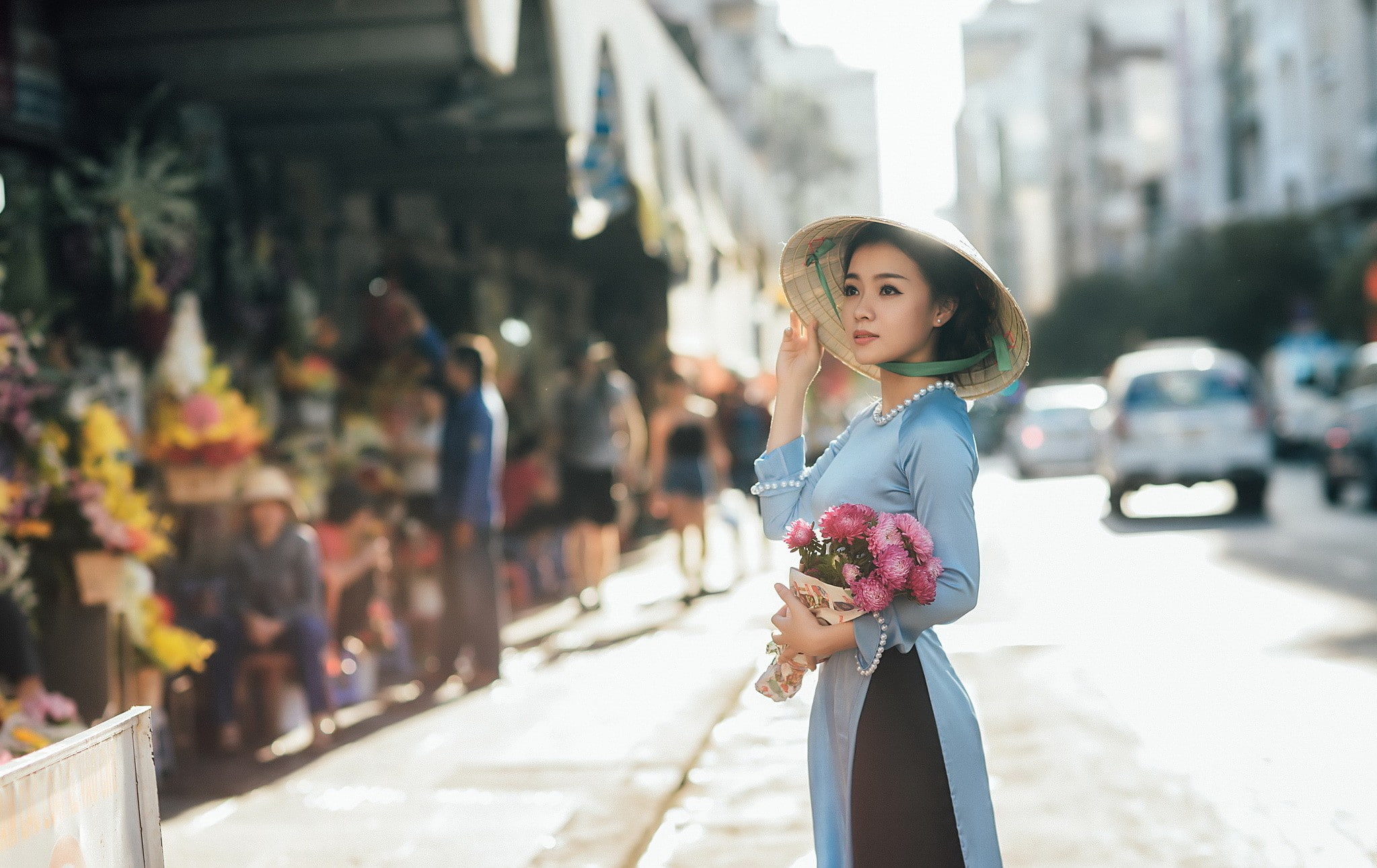 women, flowers, Asian, 1080P, áo dài, HD Wallpaper