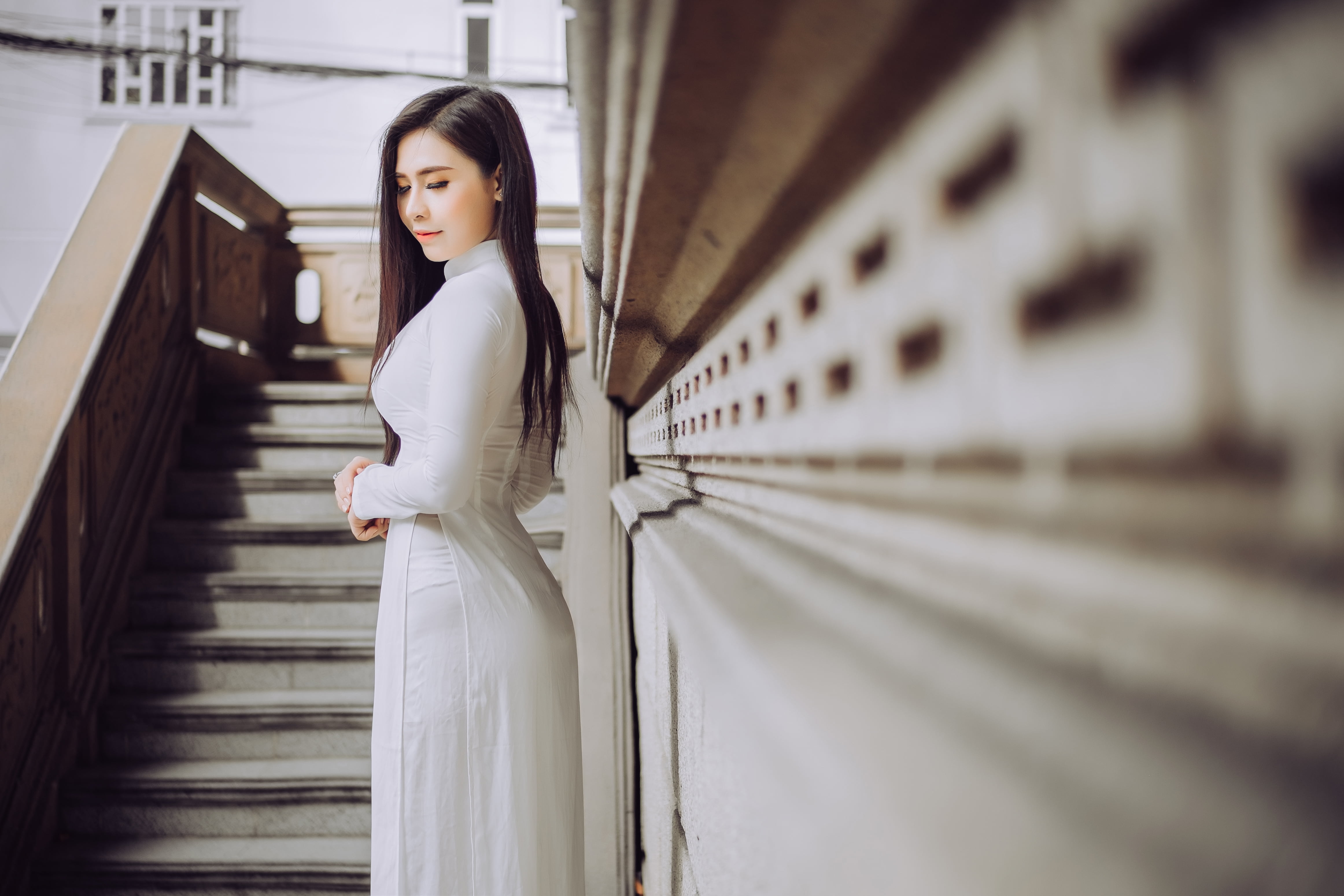 Vietnam dress, 4K, women, Asian, áo dài, long hair, HD Wallpaper