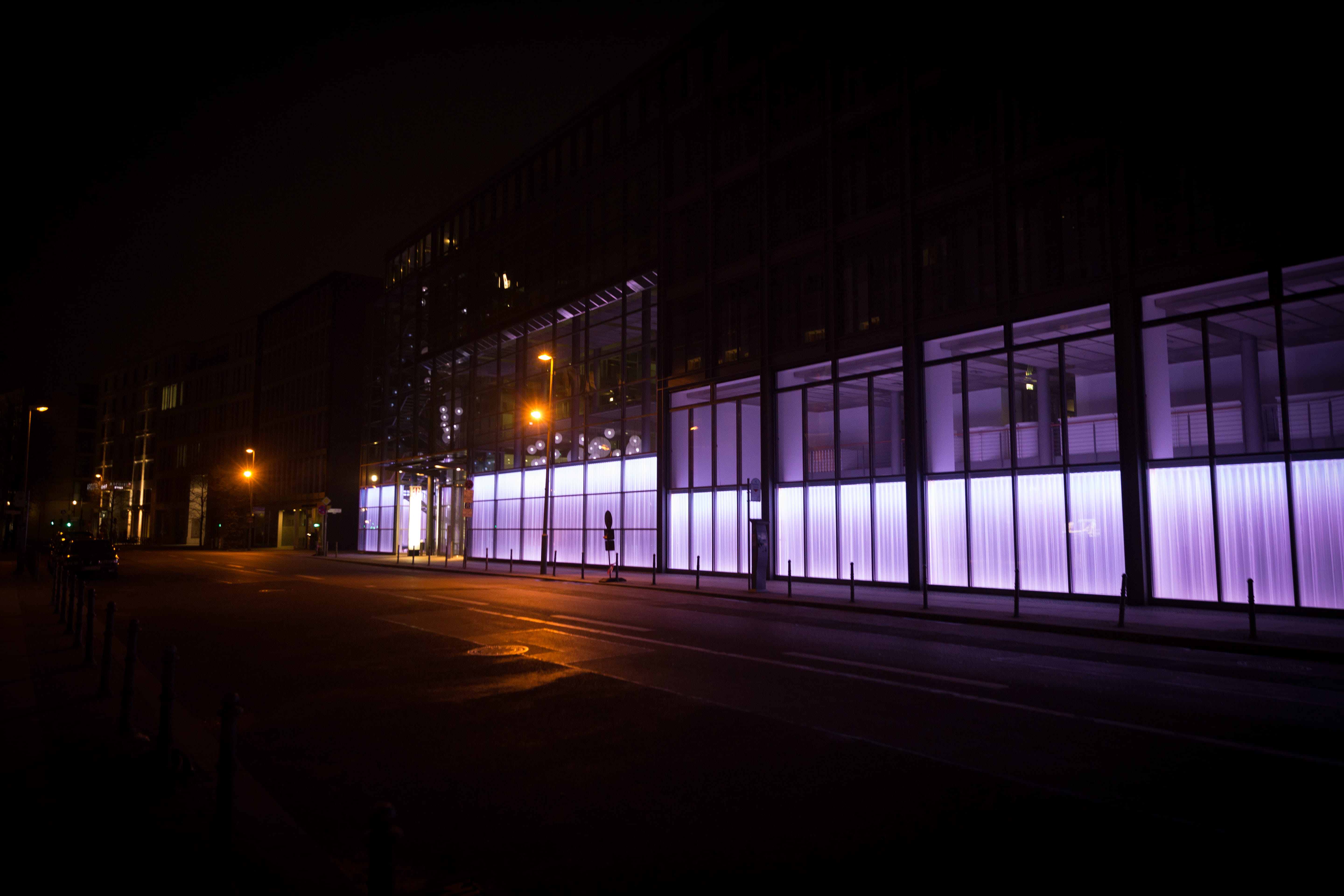 architecture, window, no people, empty, 5K, absence, dark, purple, berlin, illuminated, germany, nightlife, transportation, road, orange, building exterior, HD Wallpaper