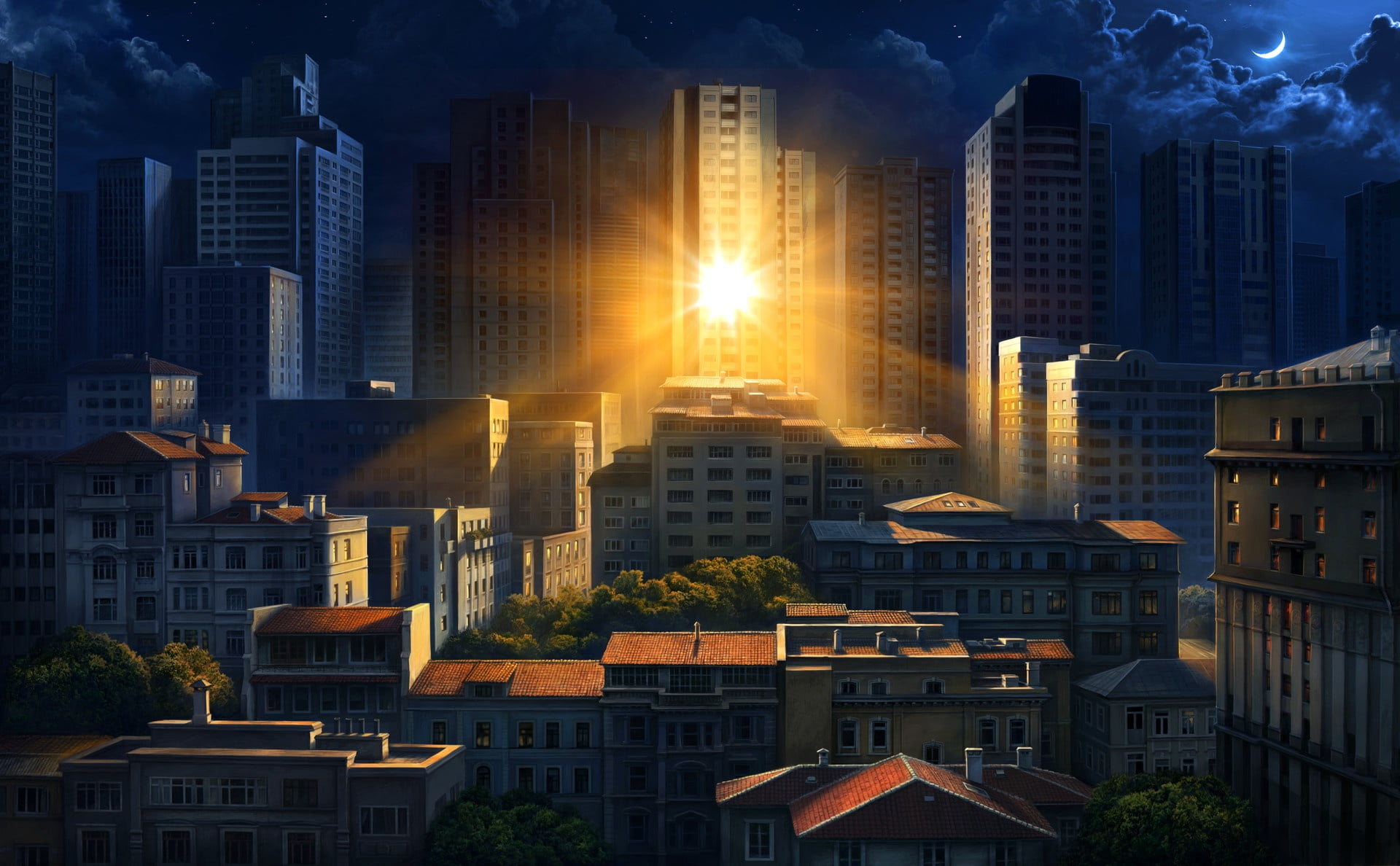 the city, the sun, art, 1080P, Olga Antonenko, morning, Illustration for Philips Hue Go Ilan poster, reflection, HD Wallpaper
