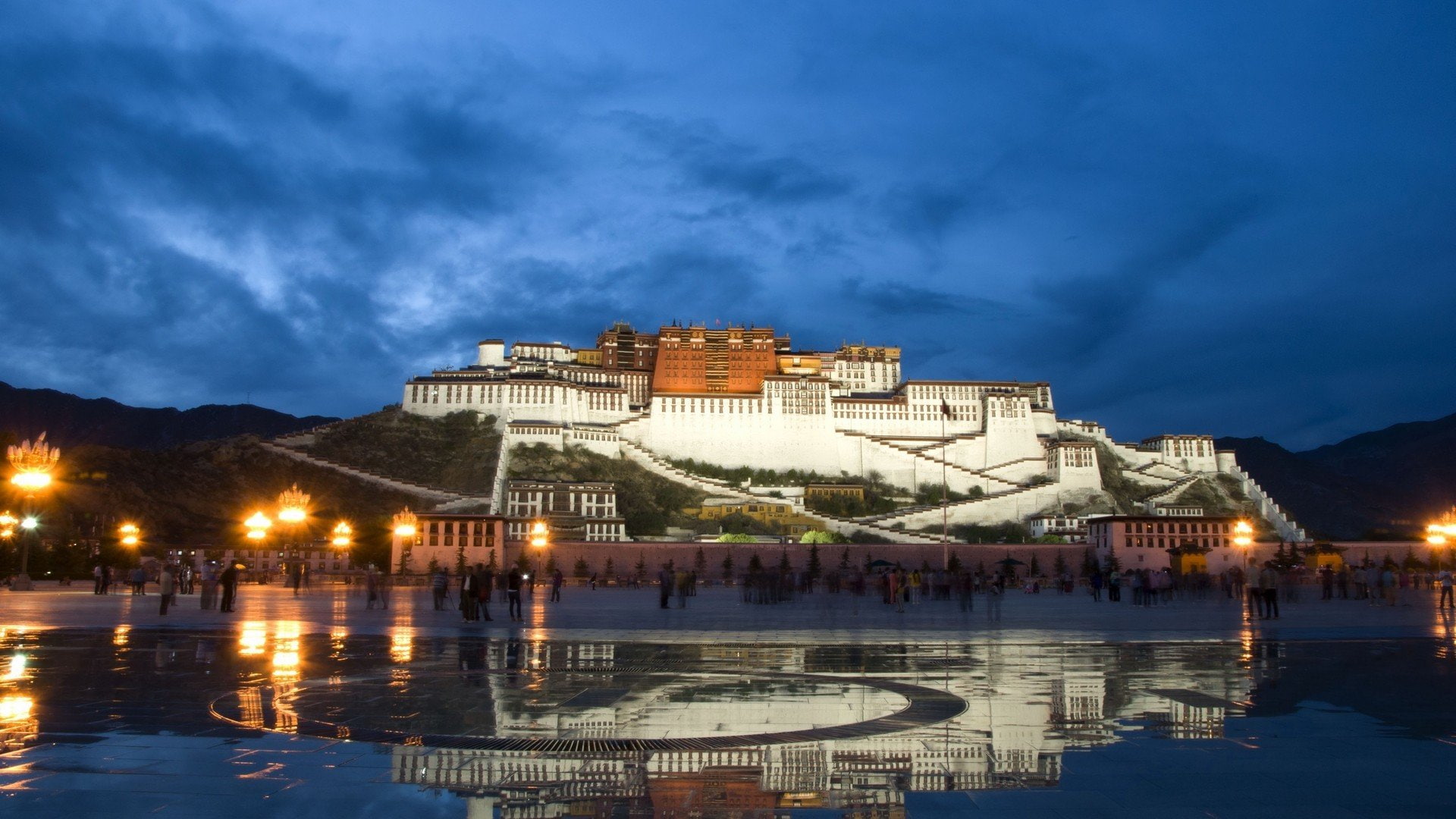 tibet, potala, water, reflections, china, 1080P, buildings, lights, HD Wallpaper