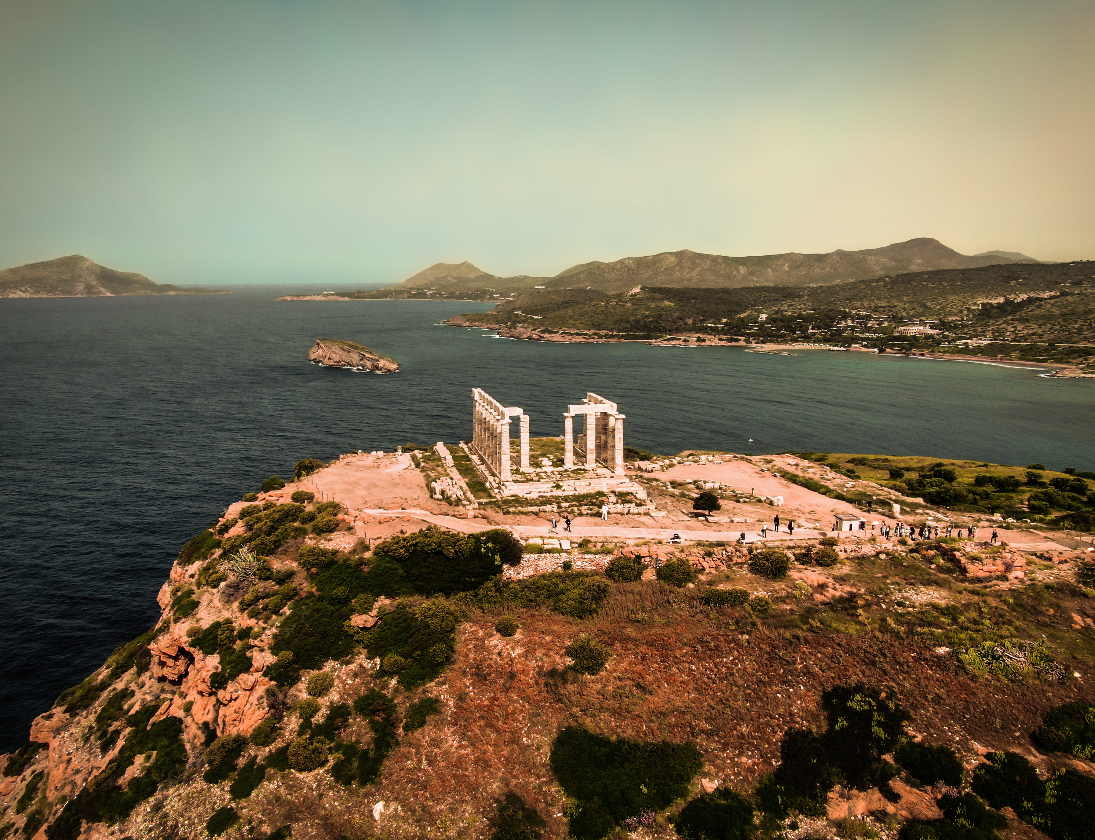 greektemple, peninsula, tourism, outdoors, sky, building exterior, 2K, land, building, coast, cape sounion, scenery, water, no people, godoftheseas, beauty in nature, HD Wallpaper