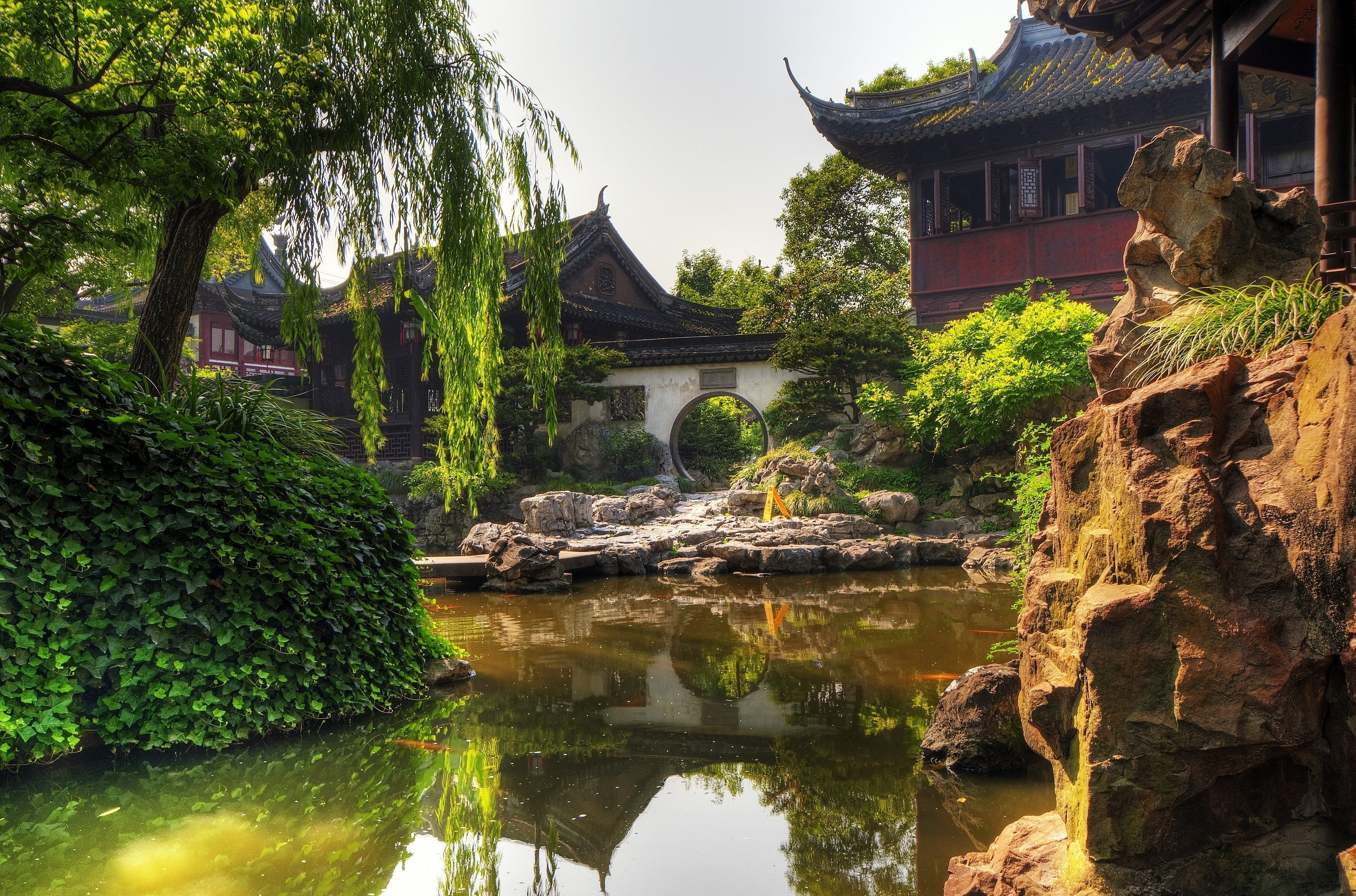 belief, plant, built structure, religion, architecture, lake, solid, rock - object, building exterior, outdoors, water, reflection, 2K, nature, yuyuan garden, HD Wallpaper