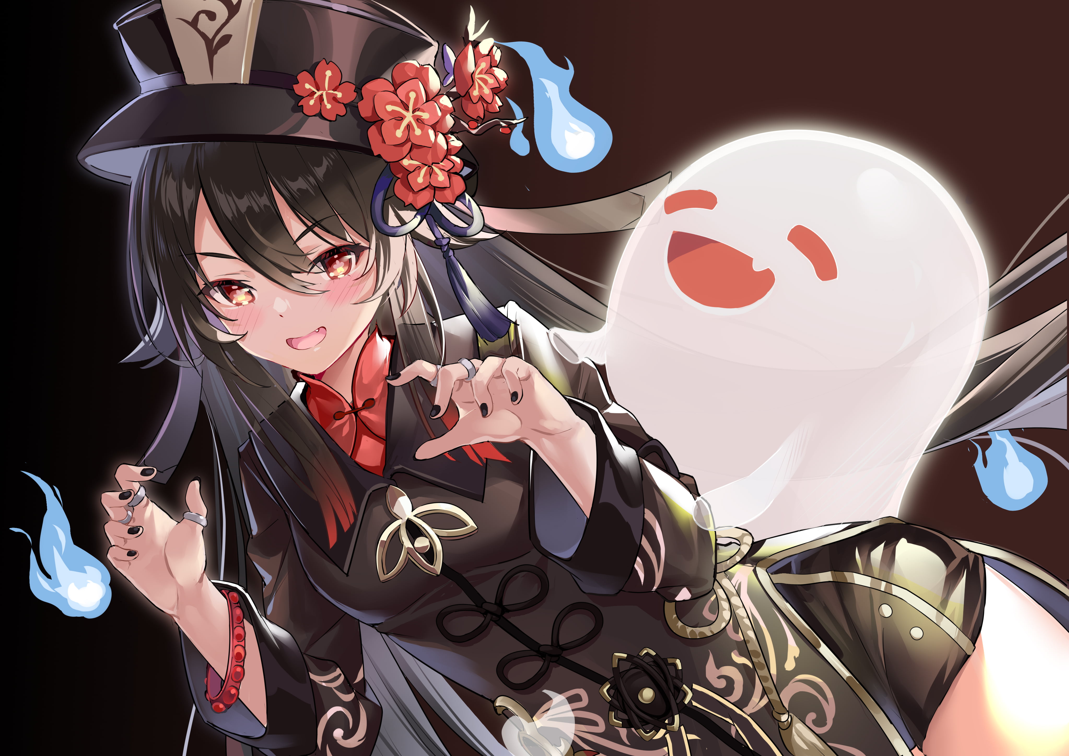 long hair, smiling, Genshin Impact, anime girls, Hu Tao (Genshin Impact), black hair, Kikimi, 4K, HD Wallpaper