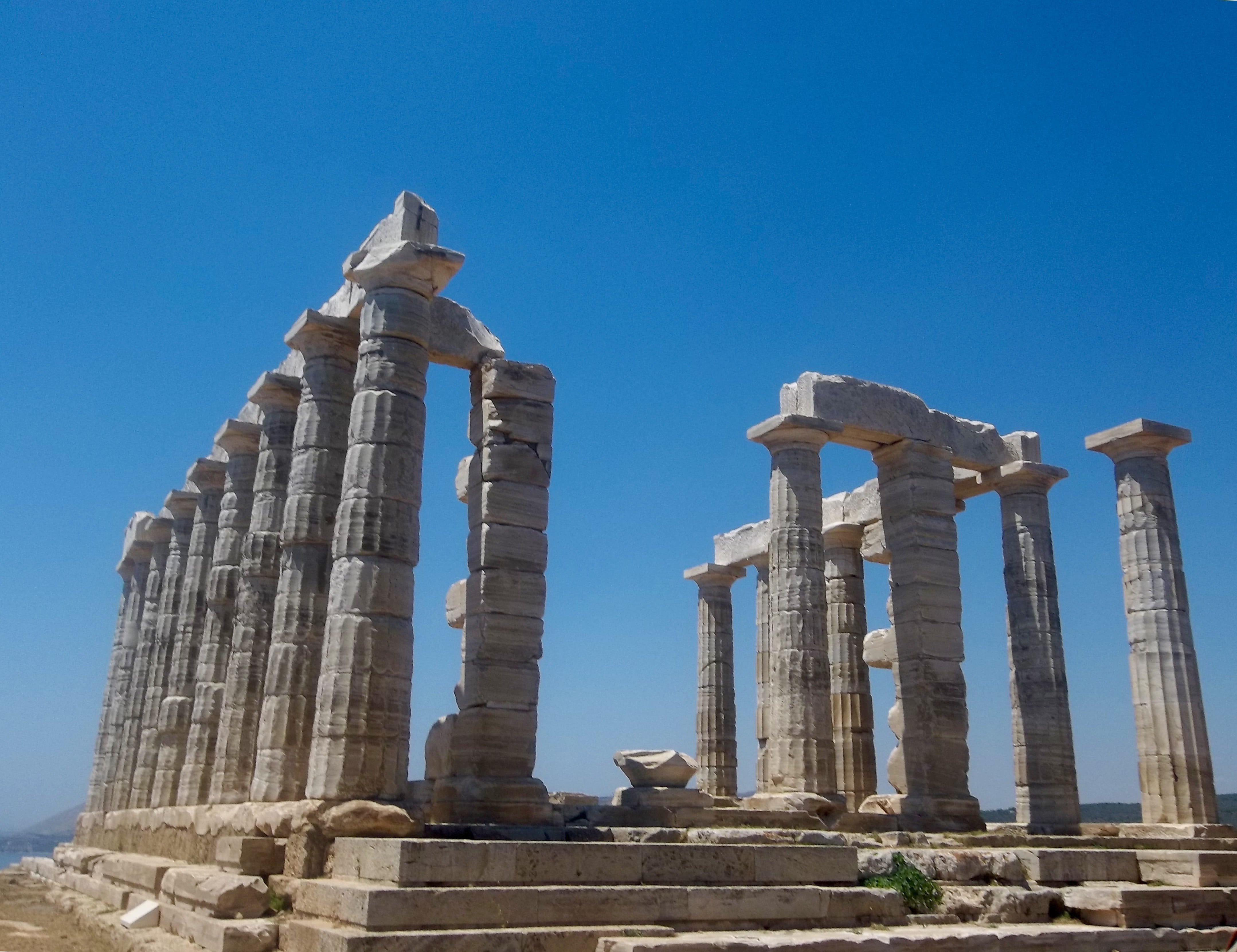 outdoors, low angle view, history, ancient civilization, the past, archaeology, temple poseidom, ancient, Cape Sounion, architectural column, nature, sky, HD Wallpaper