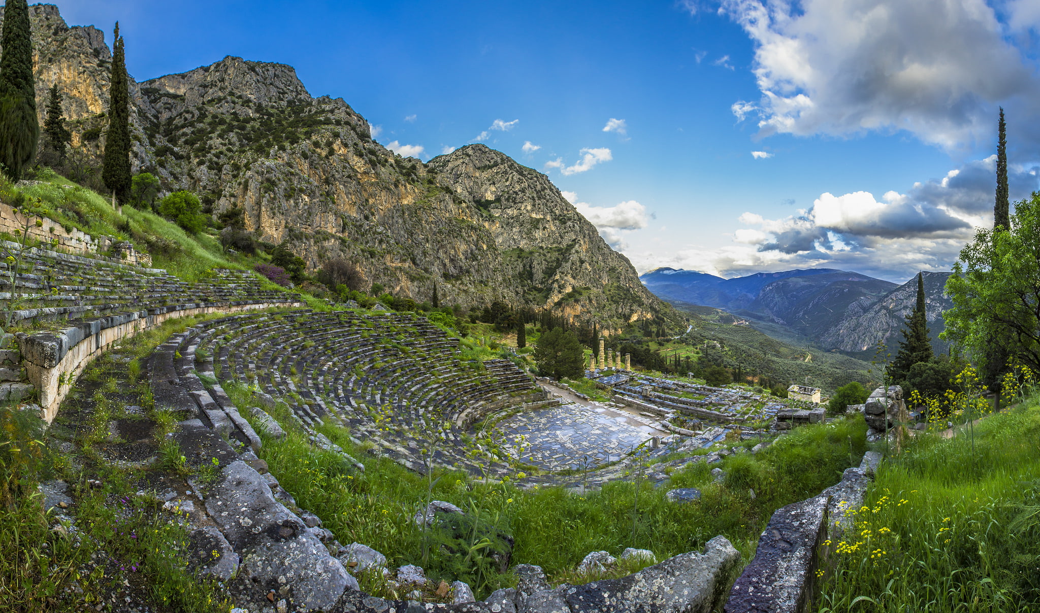 valley, slope, 1080P, Greece, sea, mountains, Delphi, HD Wallpaper
