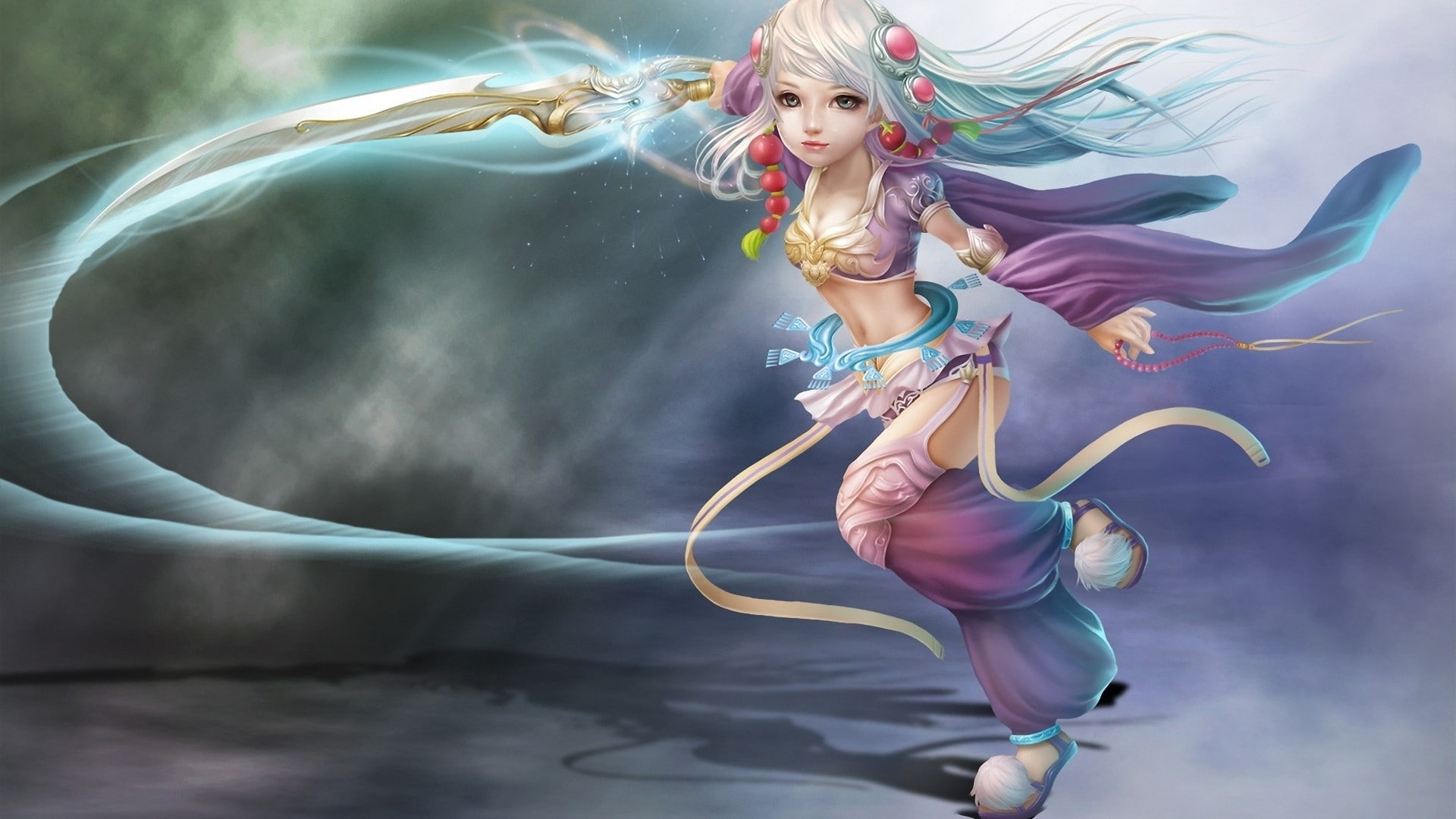 Jewelry, Weapons, young adult, 1080P, hair, blond hair, flowing, Magic, females, Nina hu, nature, beautiful woman, fashion, Girl, wind, digital composite, HD Wallpaper