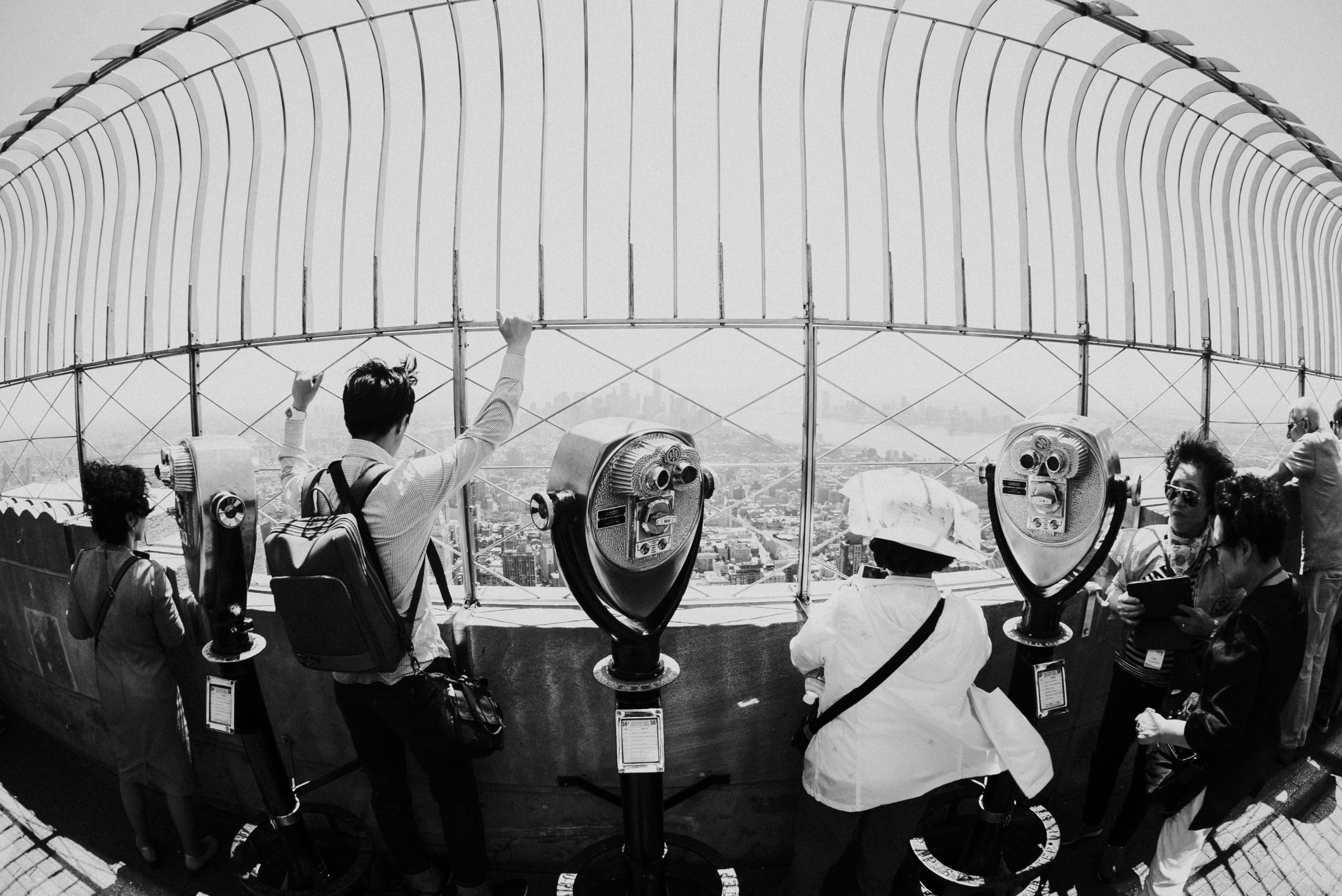 empire, railings, state, performance, barrier, black and white, fisheye, leisure activity, city, lens, view, telescope, built structure, group of people, HD Wallpaper