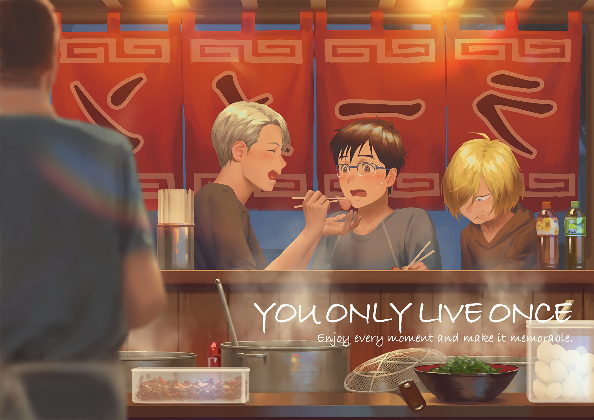 Yuri!!! on Ice, people, childhood, child, boys, text, front view, food and drink, waist up, Yuri Plisetsky, Yuuri Katsuki, indoors, restaurant, glass, refreshment, HD Wallpaper