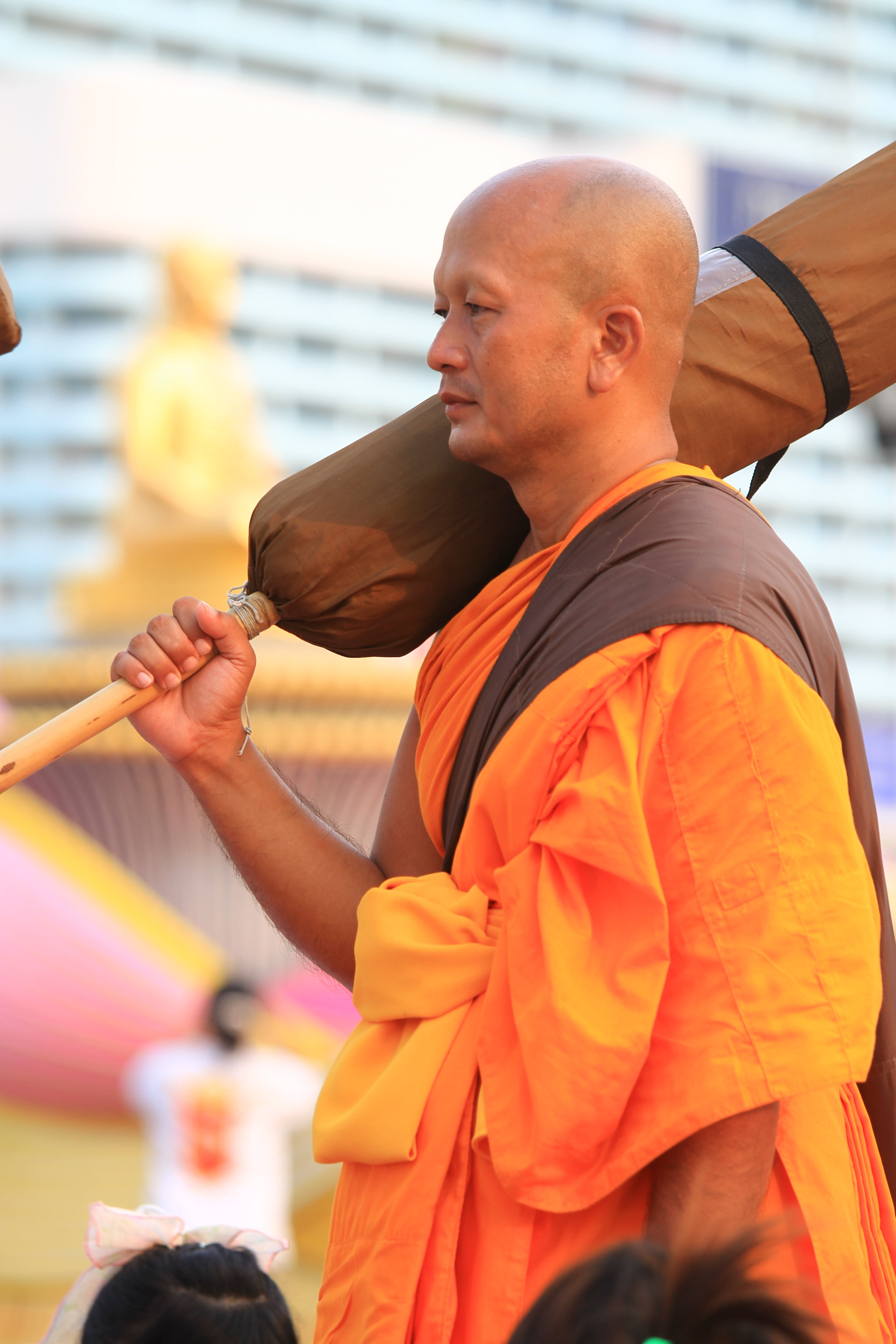 robes, temple, dhammakaya pagoda, gold, men, people, shaved head, mid adult, thailand, wat, lifestyles, 5K, males, standing, waist up, buddhists, orange color, Phone HD Wallpaper