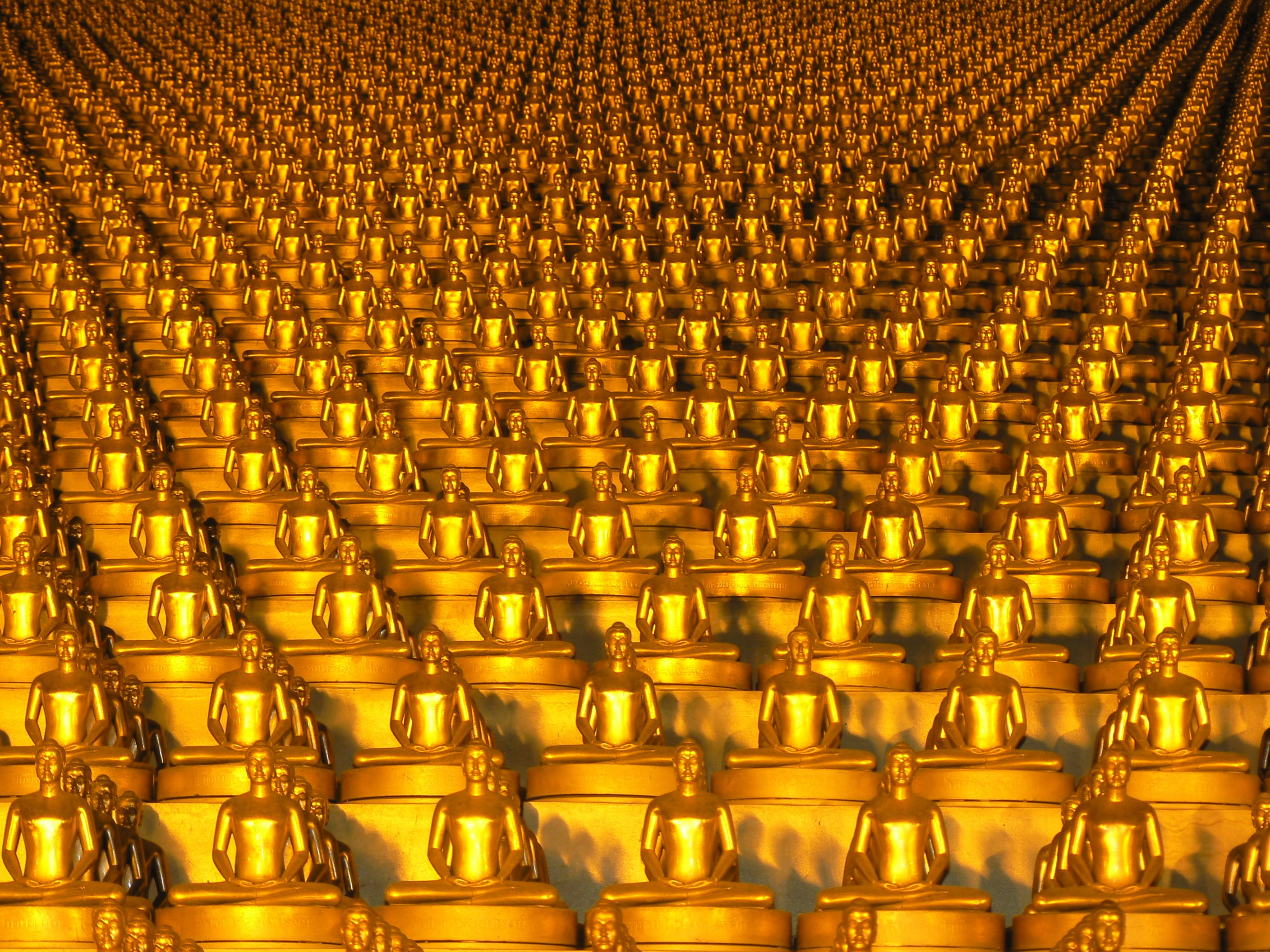 phra dhammakaya, dhammakaya pagoda, statues, no people, side by side, metal, arrangement, pattern, 2K, order, in a row, buddhism, illuminated, repetition, HD Wallpaper