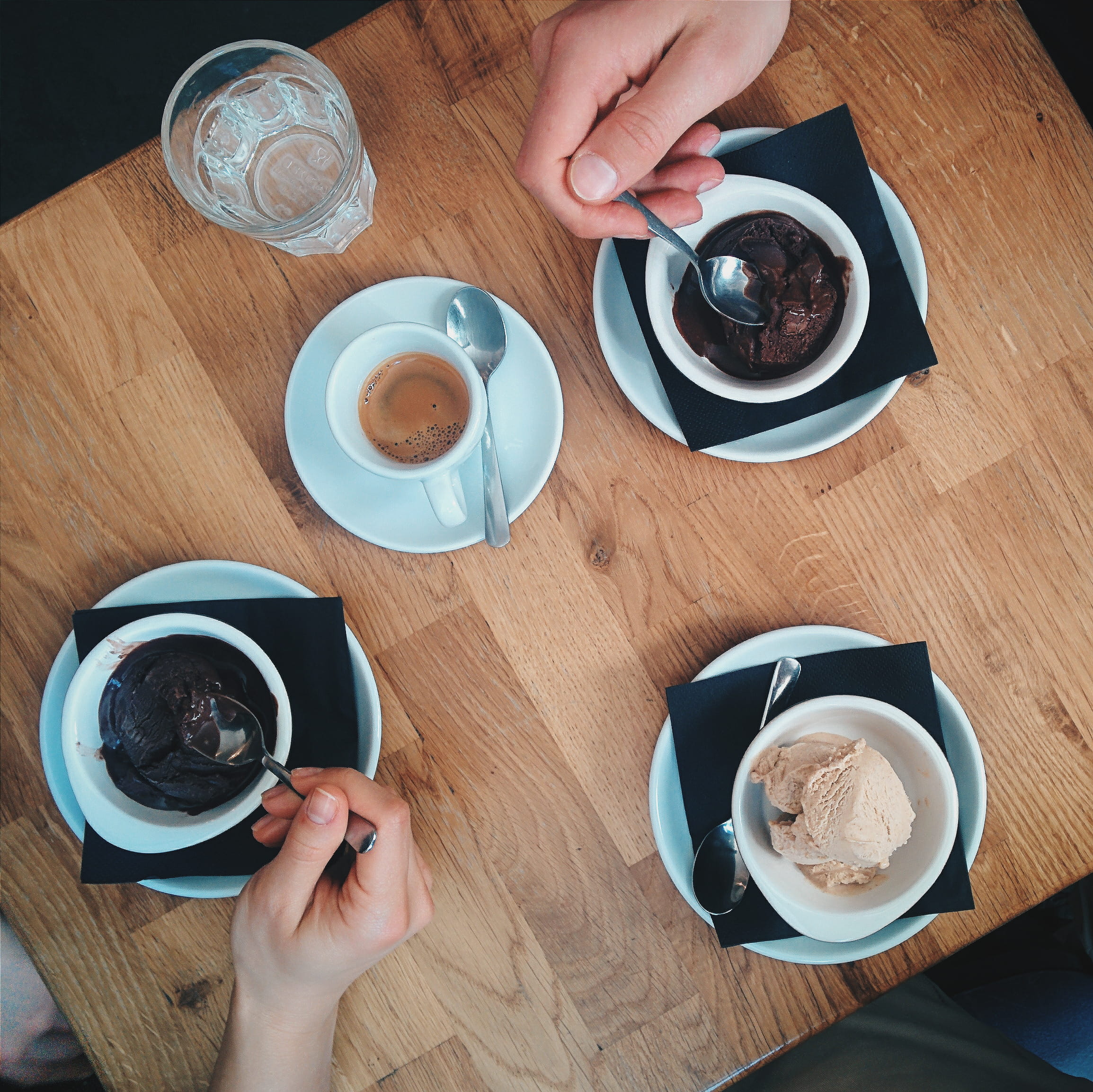 glass, mug, refreshment, one person, breakfast, table, cafe, food, coffee, espresso, body part, human body part, food and drink, top view, cup, ice, wood - Material, HD Wallpaper