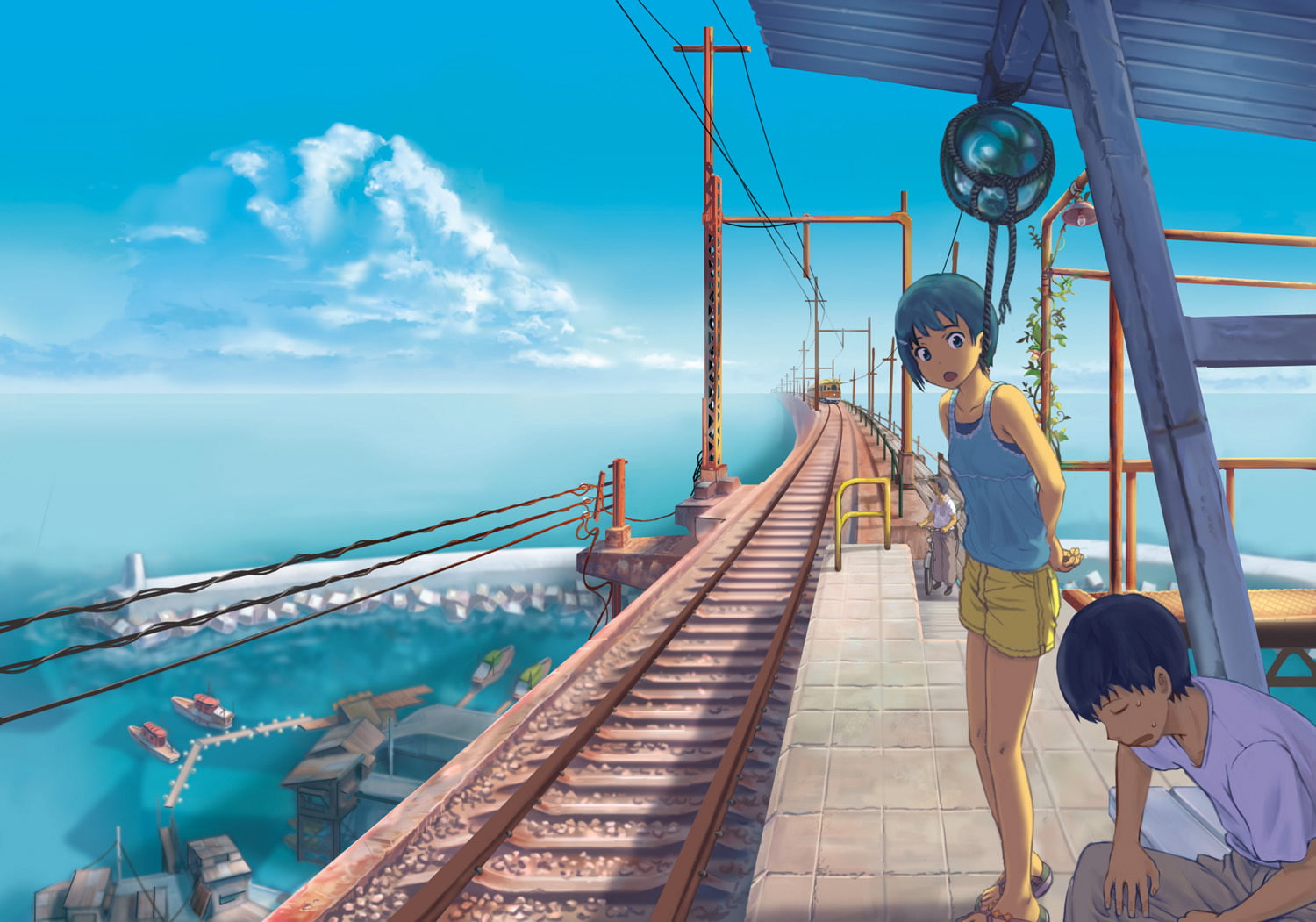 short, shorts, heian, water, 720P, sky, eyes, hair, original, clouds, blue, train, black, HD Wallpaper