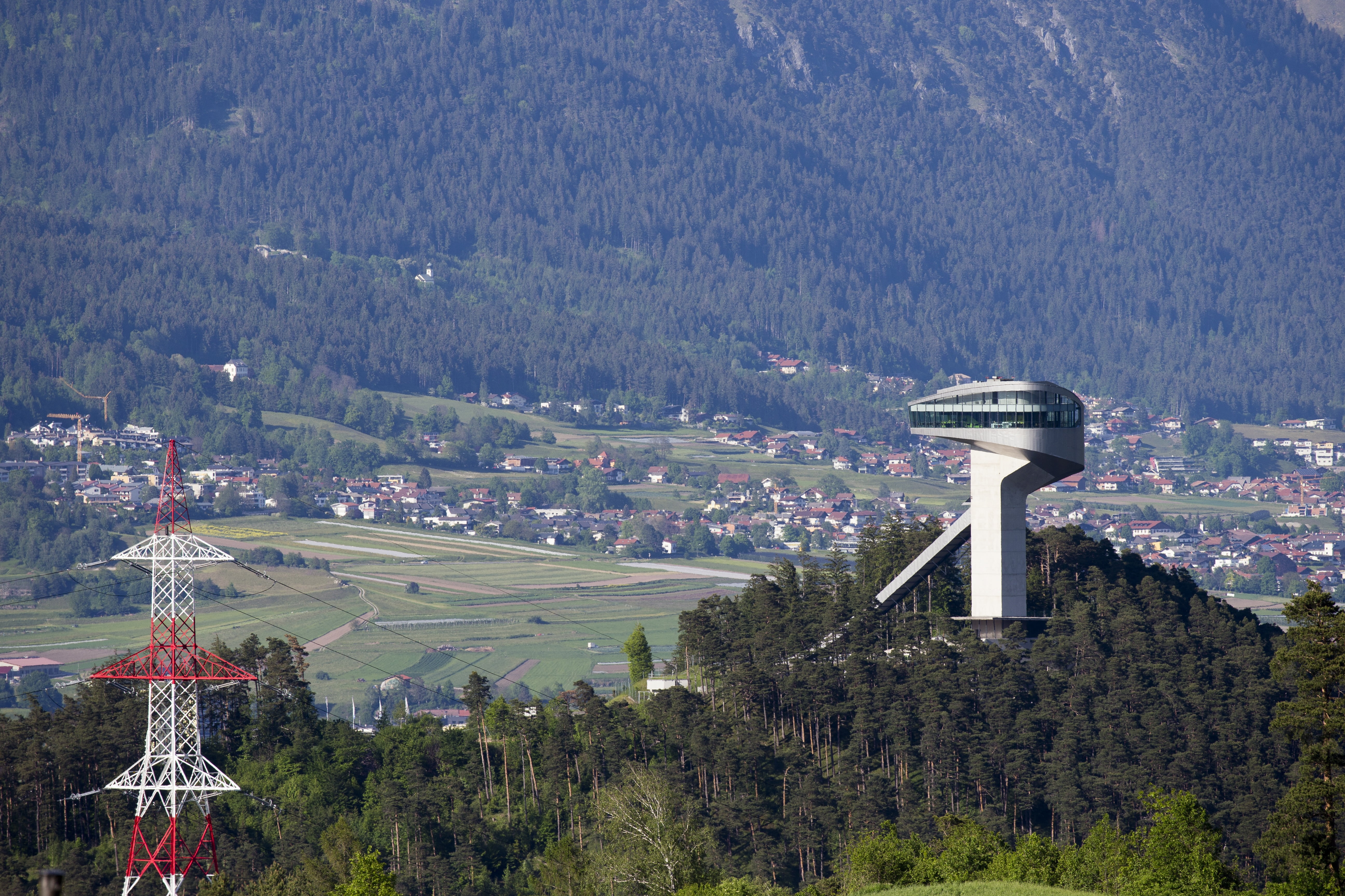 burgisel ski jump, environment, beauty in nature, red and white pylon, growth, austria, valley, scenics - nature, travel destinations, built structure, HD Wallpaper