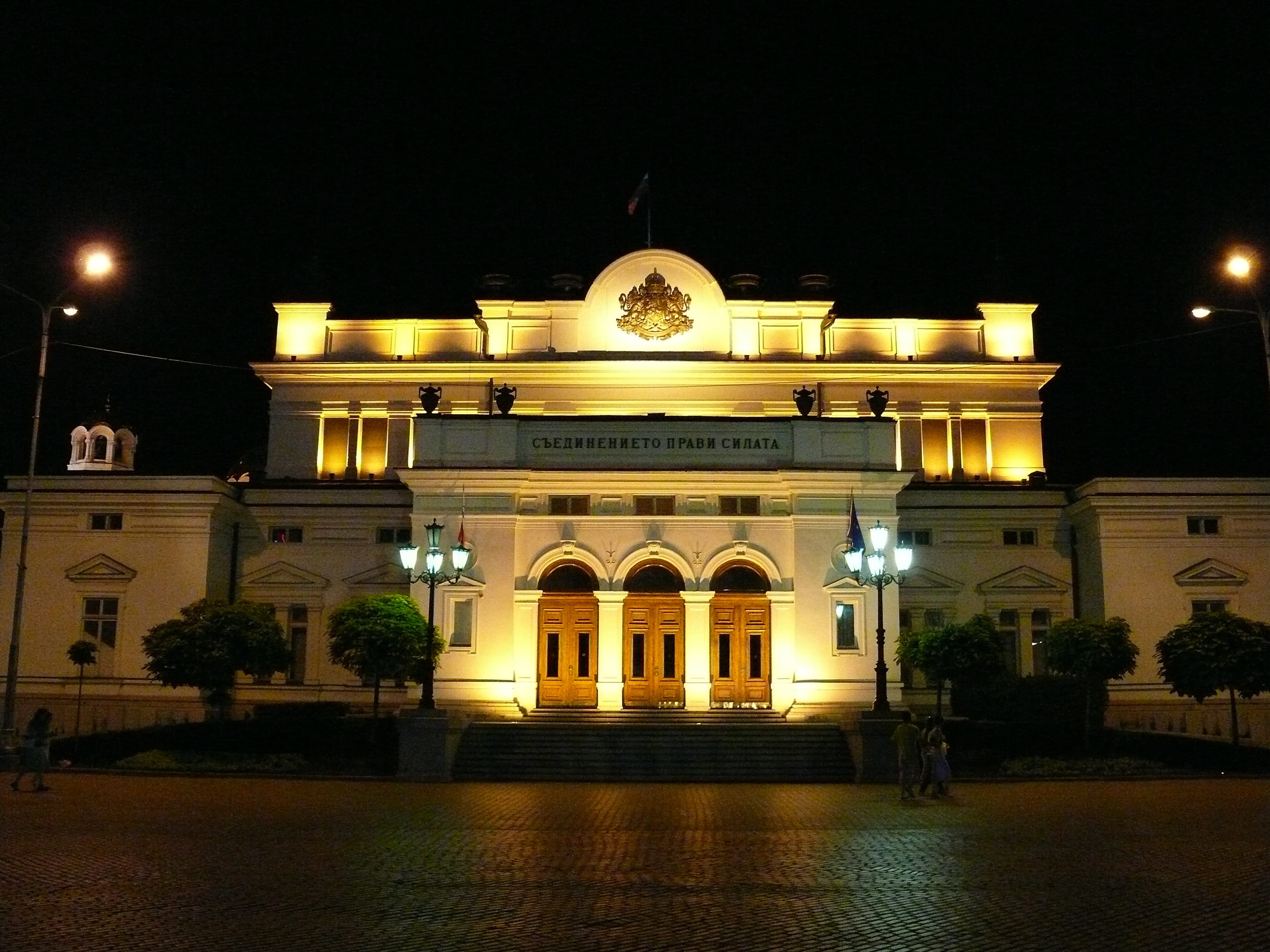 no people, sofia, luxury, building exterior, illuminated, lighting equipment, the past, bulgaria, 2K, street light, street, facade, night, arch, national assembly, HD Wallpaper